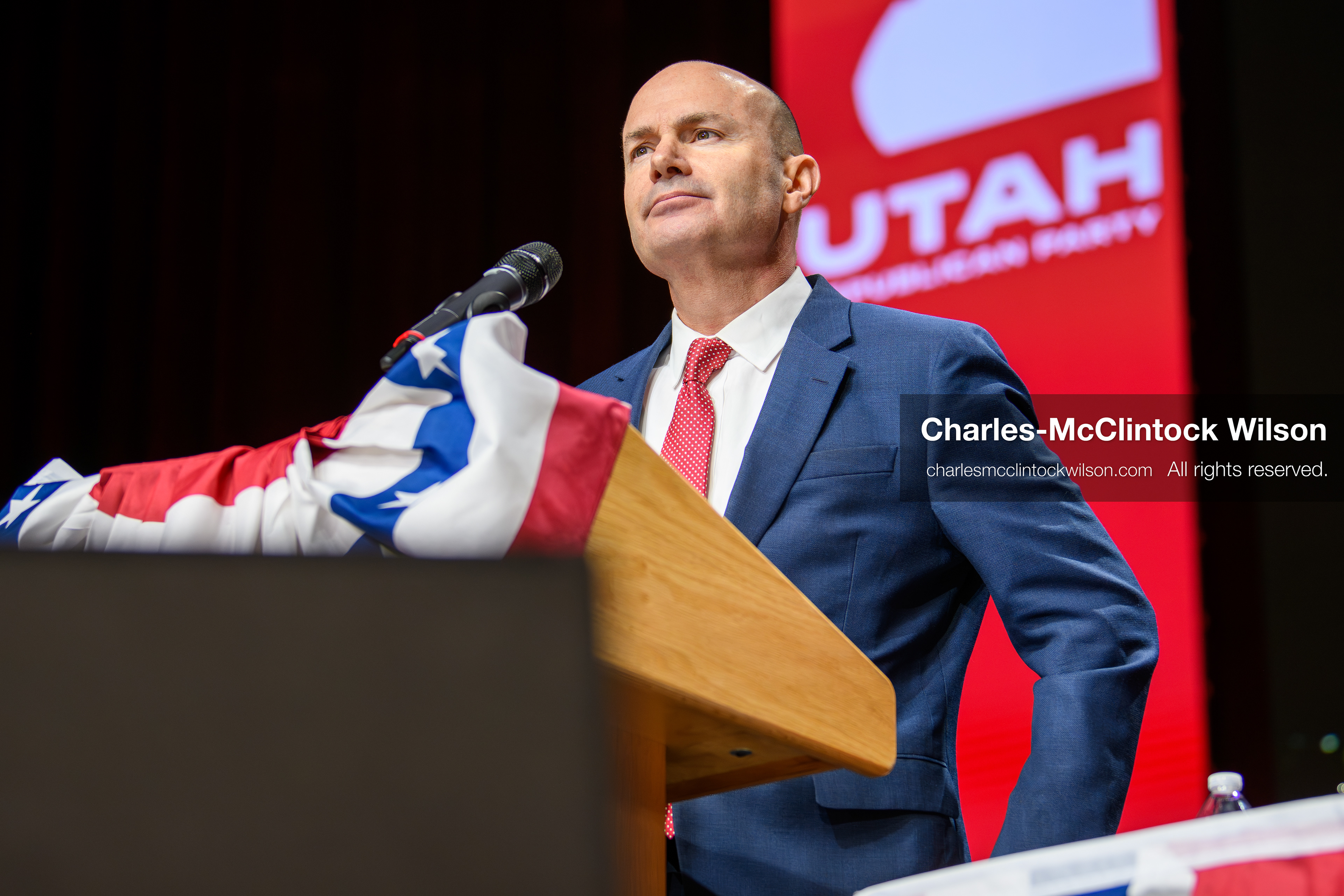 April 25, 2026, Orem, Utah, USA: U.S. Sen. MIKE LEE (R‑UT) speaks during the 2026 Utah Republican State Nominating Convention at the UCCU Center on the campus of Utah Valley University in Orem. (Credit Image: © Charles-McClintock Wilson/ZUMA Press Wire)