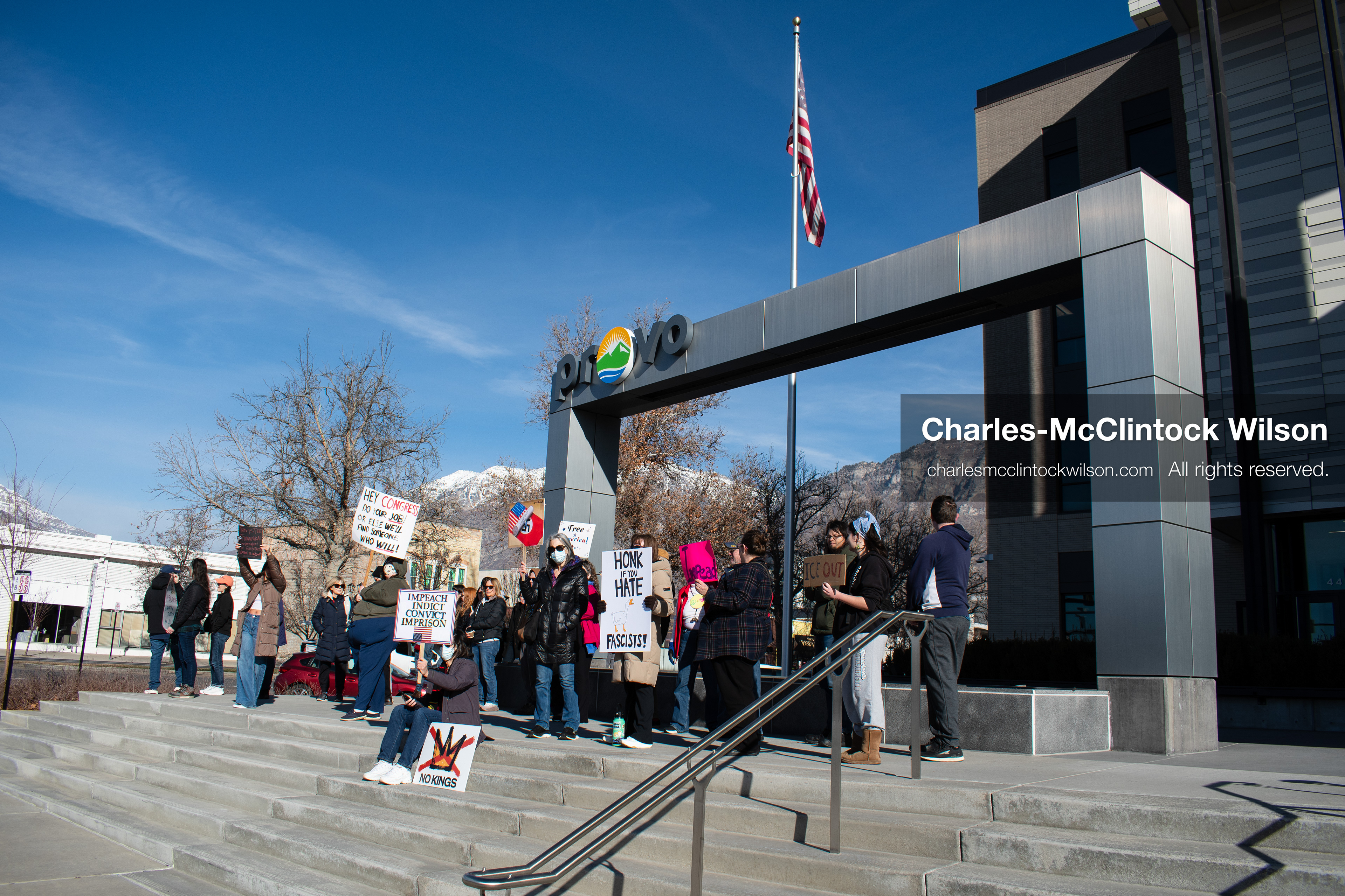 January 20, 2026, Provo, Utah, USA: Protesters gather outside Provo City Hall during the Free America Walkout protest in Provo, Utah, on January 20, 2026. Demonstrators held signs calling for justice, immigration reform, and an end to detention practices. (Credit Image: © Charles-McClintock Wilson/ZUMA Press Wire)