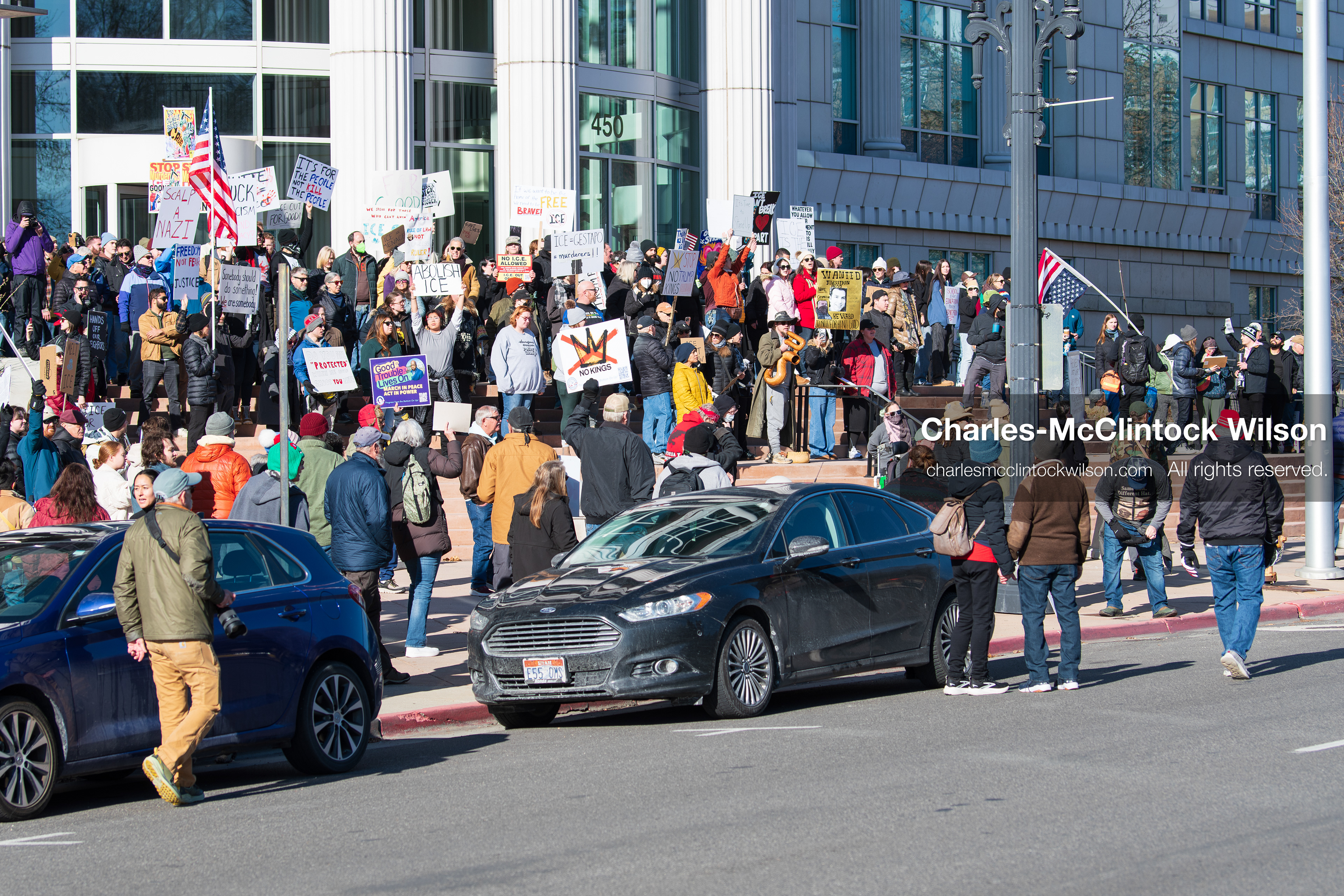 Salt Lake City, Utah, January 10, 2026: Demonstrators gather on the steps of the Scott M. Matheson Courthouse during the ICE Out for Good protest, calling for justice for Renee Nicole Good and holding signs and American flags as part of a coordinated demand for immigration reform and accountability. (Credit Image: © Charles‑McClintock Wilson/ZUMA Press Wire)