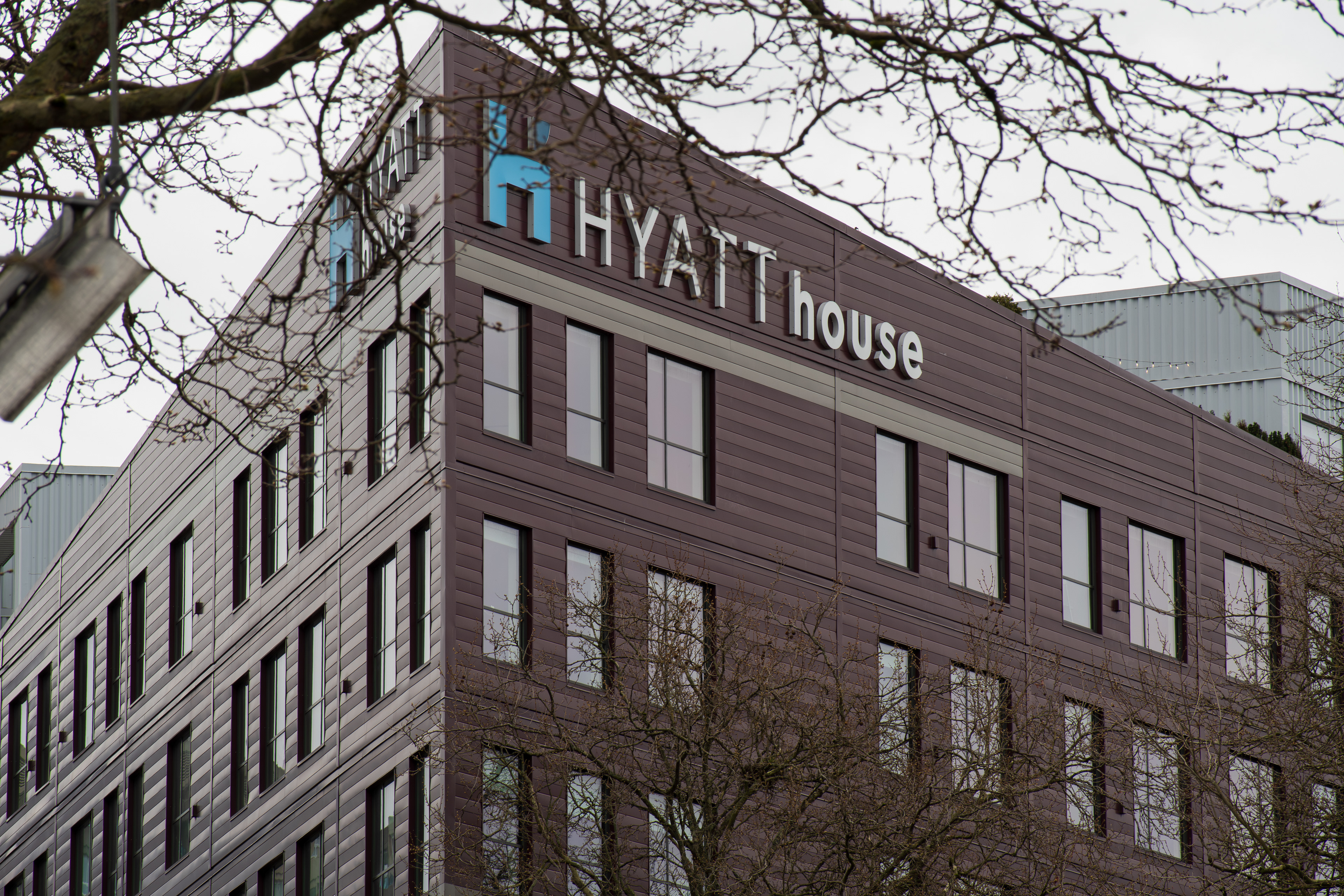 SEATTLE, WA, USA - APR 7, 2025: Exterior view of a Hyatt House hotel on April 7, 2025, in Seattle, Washington, USA. Hyatt House is a chain of extended-stay hotels owned by Hyatt Hotels Corporation. 