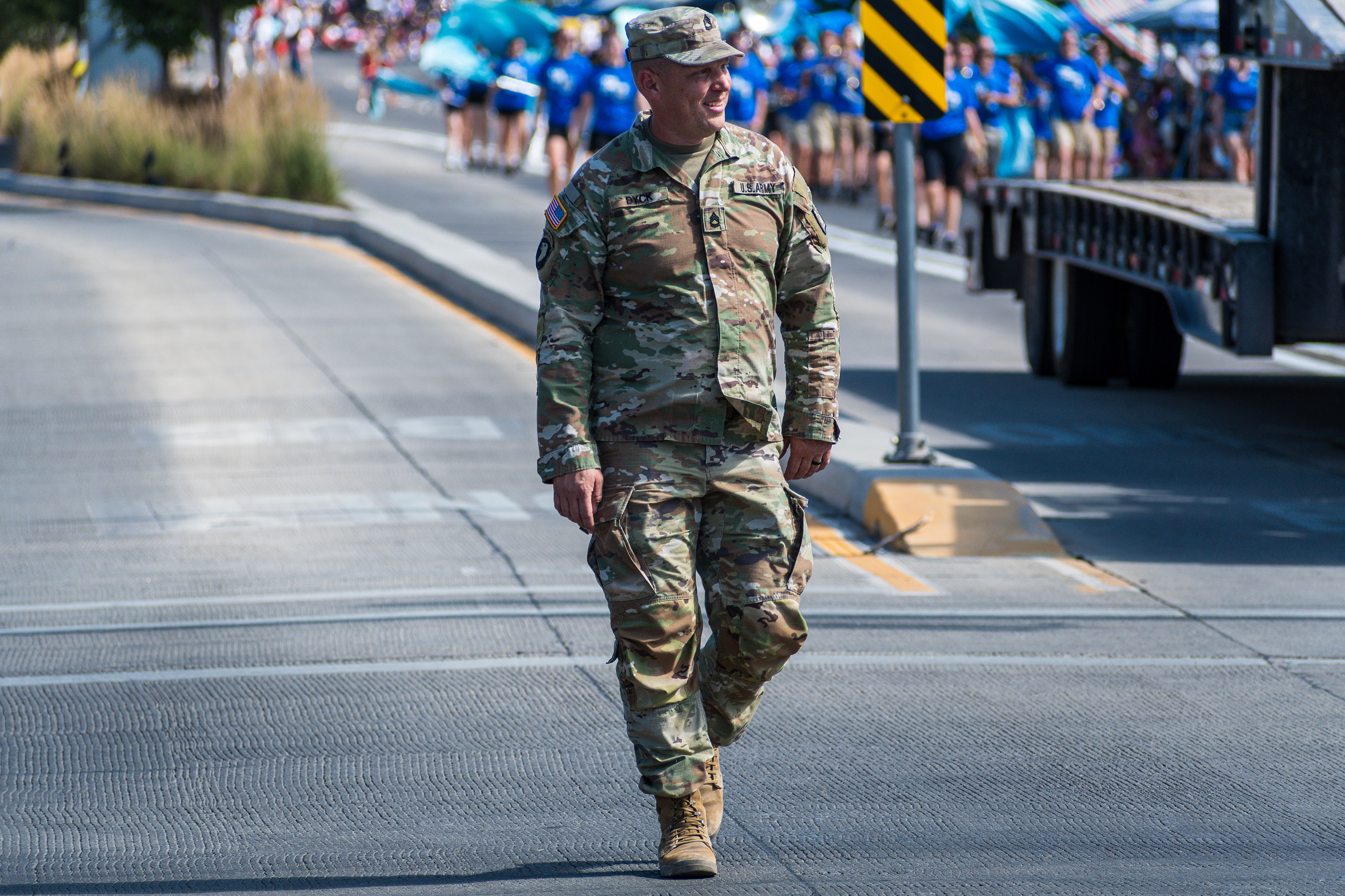 Provo, Utah – July 4, 2025: A U.S. Army soldier walks during the Freedom Festival Grand Parade in downtown Provo as part of the Independence Day event.