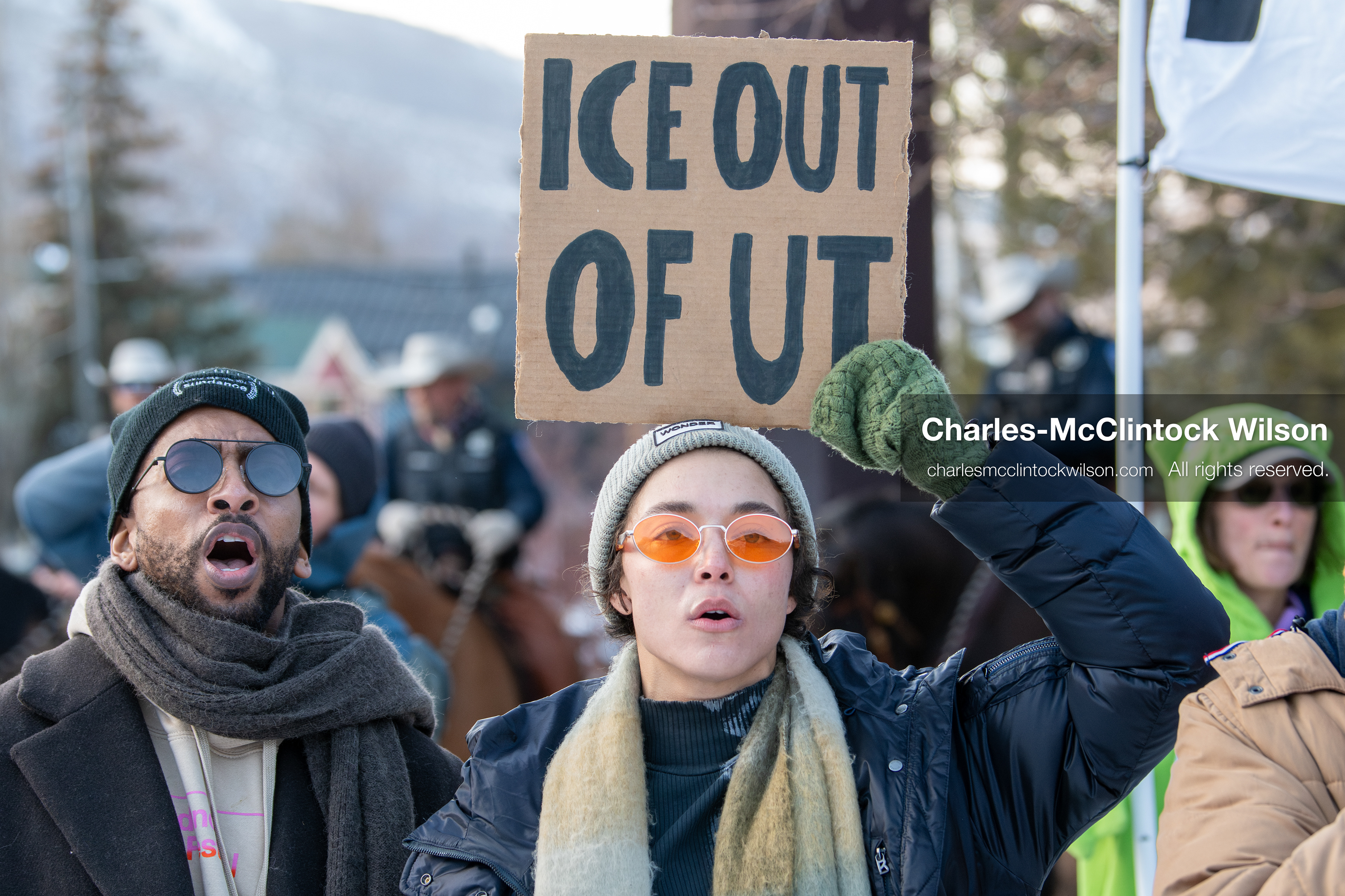 January 26, 2026, Park City, Utah, USA: A demonstrator holds a sign during a protest opposing U.S. Immigration and Customs Enforcement (I.C.E.) ICE agents at Miner's Park on Main Street during the Sundance Film Festival in Park City, Utah, on Monday, Jan. 26, 2026. The event was held in response to the fatal shooting of Alex Pretti by a U.S. Border Patrol officer in Minneapolis. (Credit Image: © Charles McClintock Wilson/ZUMA Press Wire)