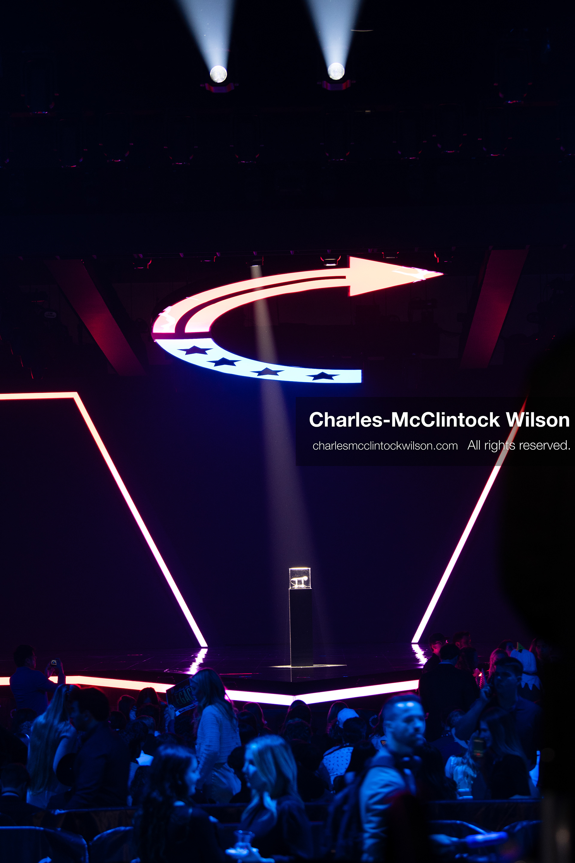 December 18, 2025, Phoenix, Arizona, USA: A lone microphone sits onstage in honor of Charlie Kirk during AmericaFest 2025 at the Phoenix Convention Center. (Credit Image: (c) Charles-McClintock Wilson/ZUMA Press Wire)