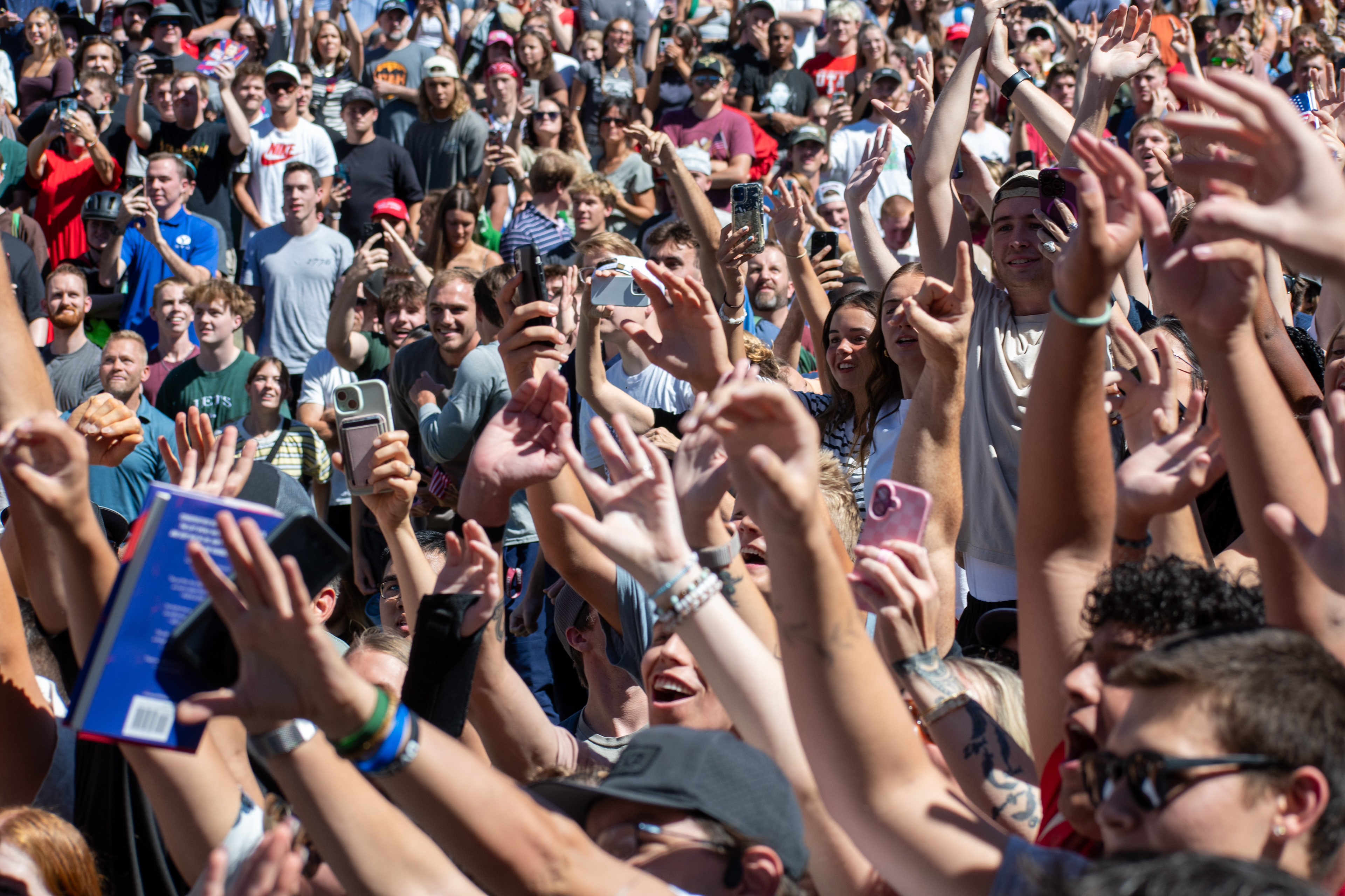 OREM, UTAH – SEPTEMBER 10, 2025: Attendees gather in close formation at Utah Valley University for the opening stop of the American Comeback Tour. The image captures a moment of shared anticipation and civic presence, reflecting the energy, emotion, and communal engagement that defined the event’s intended spirit. © Charles-McClintock Wilson / ZUMA Press