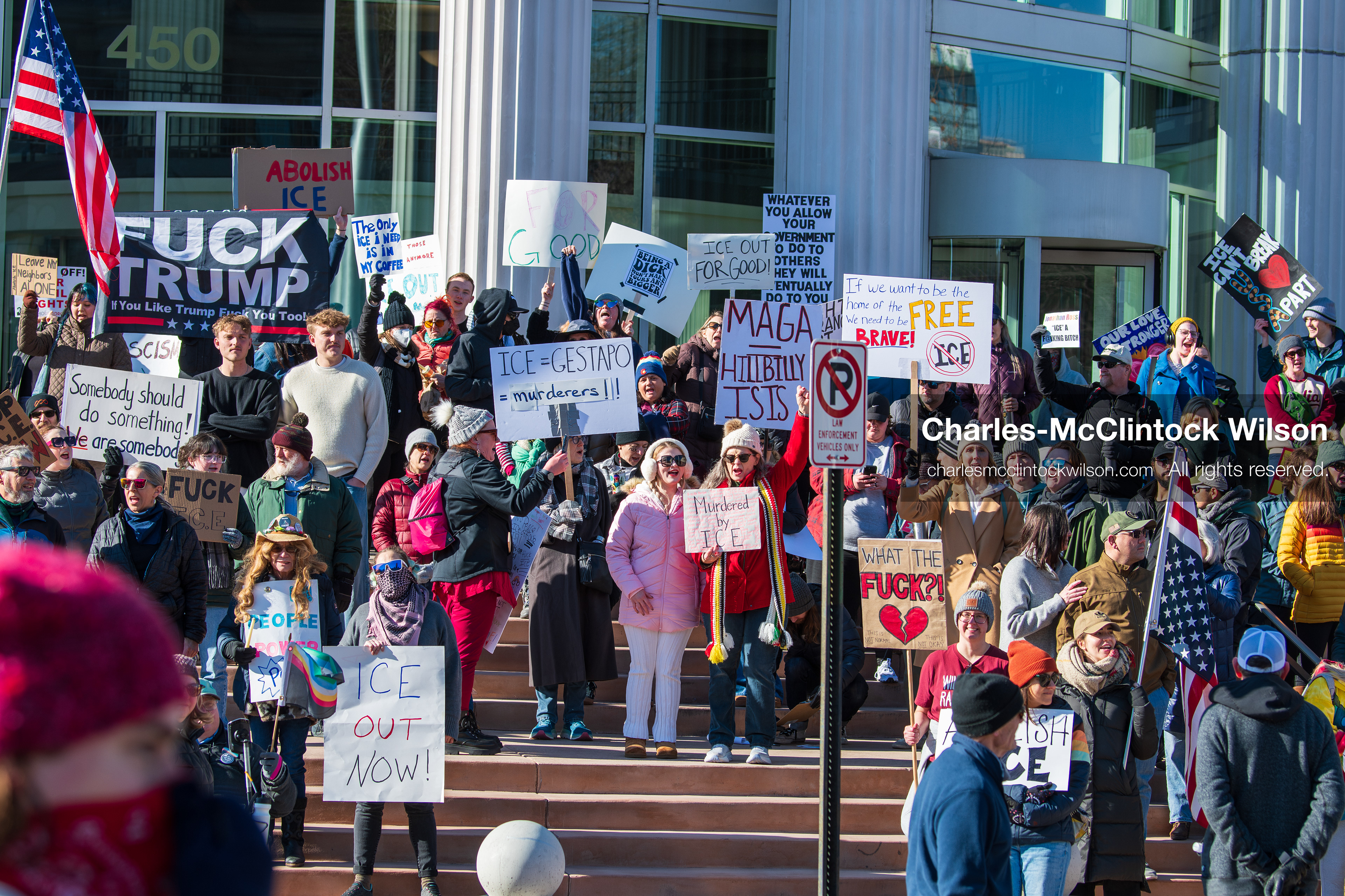 Salt Lake City, Utah, January 10, 2026: Demonstrators gather on the steps of the Scott M. Matheson Courthouse during the ICE Out for Good protest, calling for justice for Renee Nicole Good and holding signs and American flags as part of a coordinated demand for immigration reform and accountability. (Credit Image: © Charles‑McClintock Wilson/ZUMA Press Wire)