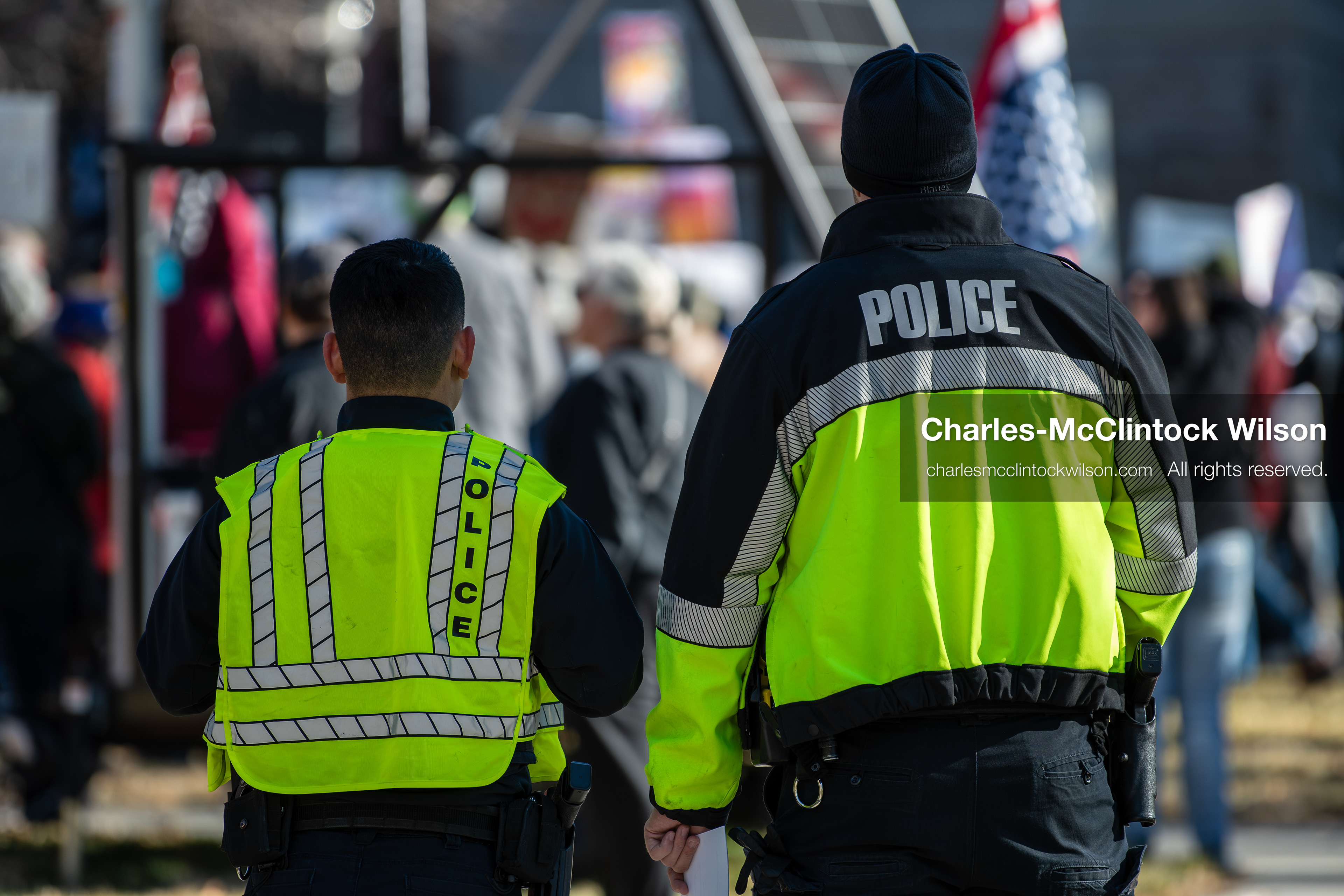 Salt Lake City, Utah, January 10, 2026: Salt Lake City Police Department officers monitor the ICE Out for Good protest at Washington Square Park, a demonstration calling for justice for Renee Nicole Good. Officers wore high‑visibility jackets and cold‑weather gear. (Credit Image: © Charles‑McClintock Wilson/ZUMA Press Wire)
