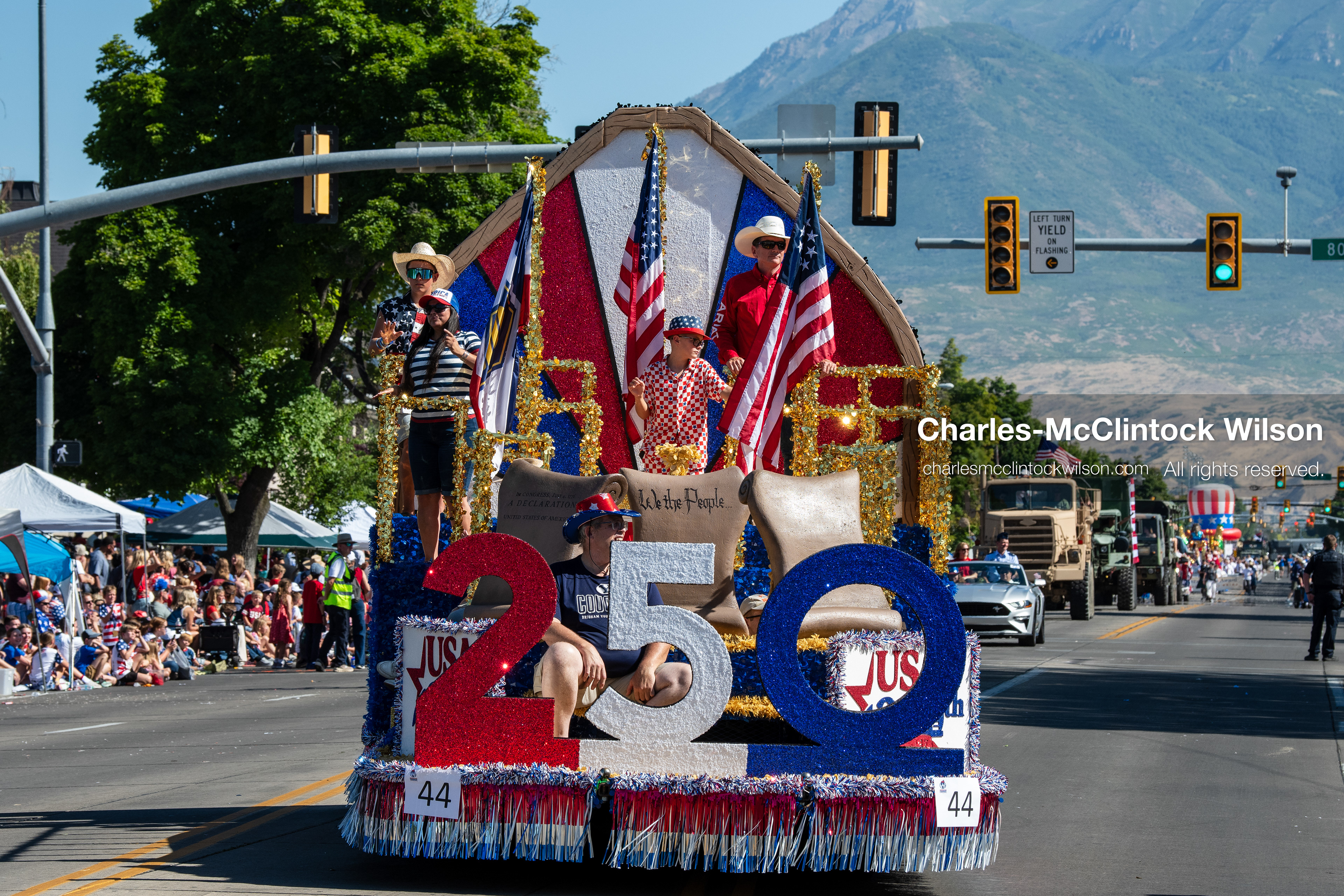 July 4, 2026, Provo, Utah, USA: A patriotic parade float featuring large red, white, and blue ''250'' lettering rolls down the street during America's Freedom Festival Grand Parade in Provo, Utah, Saturday, July 4, 2026. The annual Independence Day event features expanded programming to honor the 250th anniversary of United States independence. (Credit Image: © Charles-McClintock Wilson/ZUMA Press Wire)
