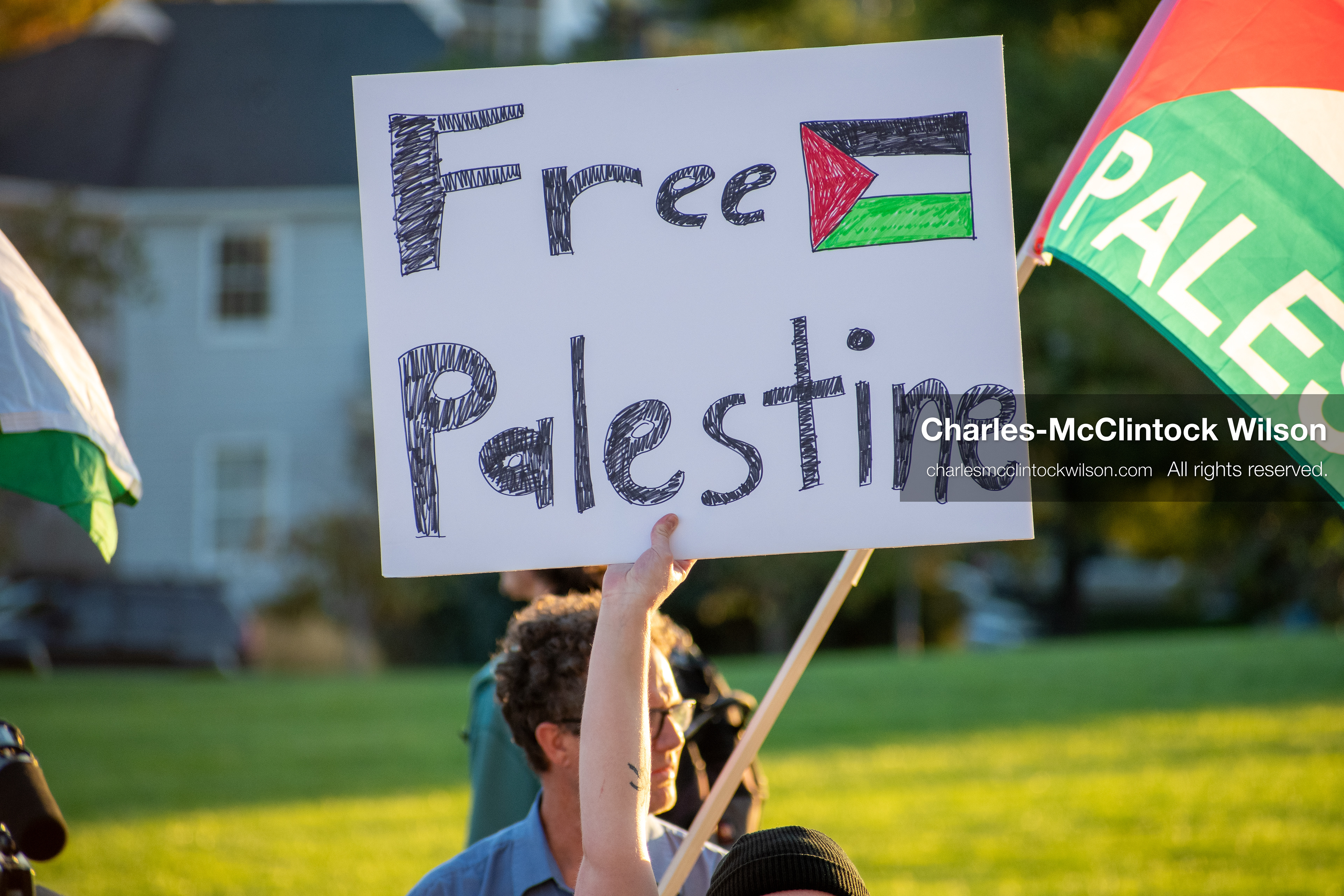 October 10, 2025, Salt Lake City, Utah, USA: A protester holds a sign reading â€œFree Palestineâ€ during the Free Palestine Rally organized in front of the Utah State Capitol. Flags are visible in the background as participants gather in support of Palestinian rights. (Credit Image: © Charles-McClintock Wilson/ZUMA Press Wire)