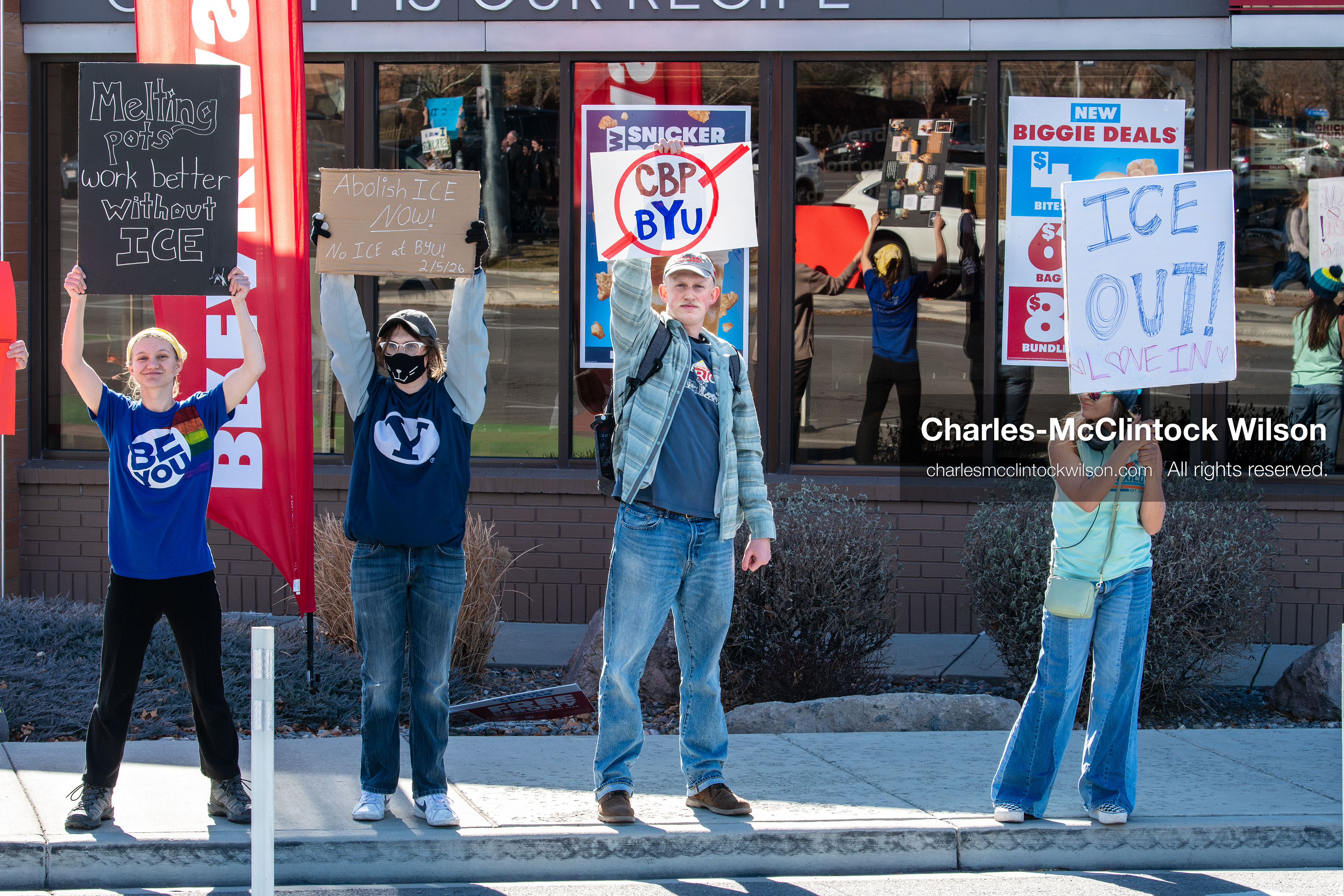 February 5, 2026, Provo, Utah, USA: Students and community members gather near Brigham Young University in Provo to demonstrate against the presence of US Customs and Border Protection recruiters at a career fair held on the BYU campus. (Credit Image: © Charles McClintock Wilson/ZUMA Press Wire)