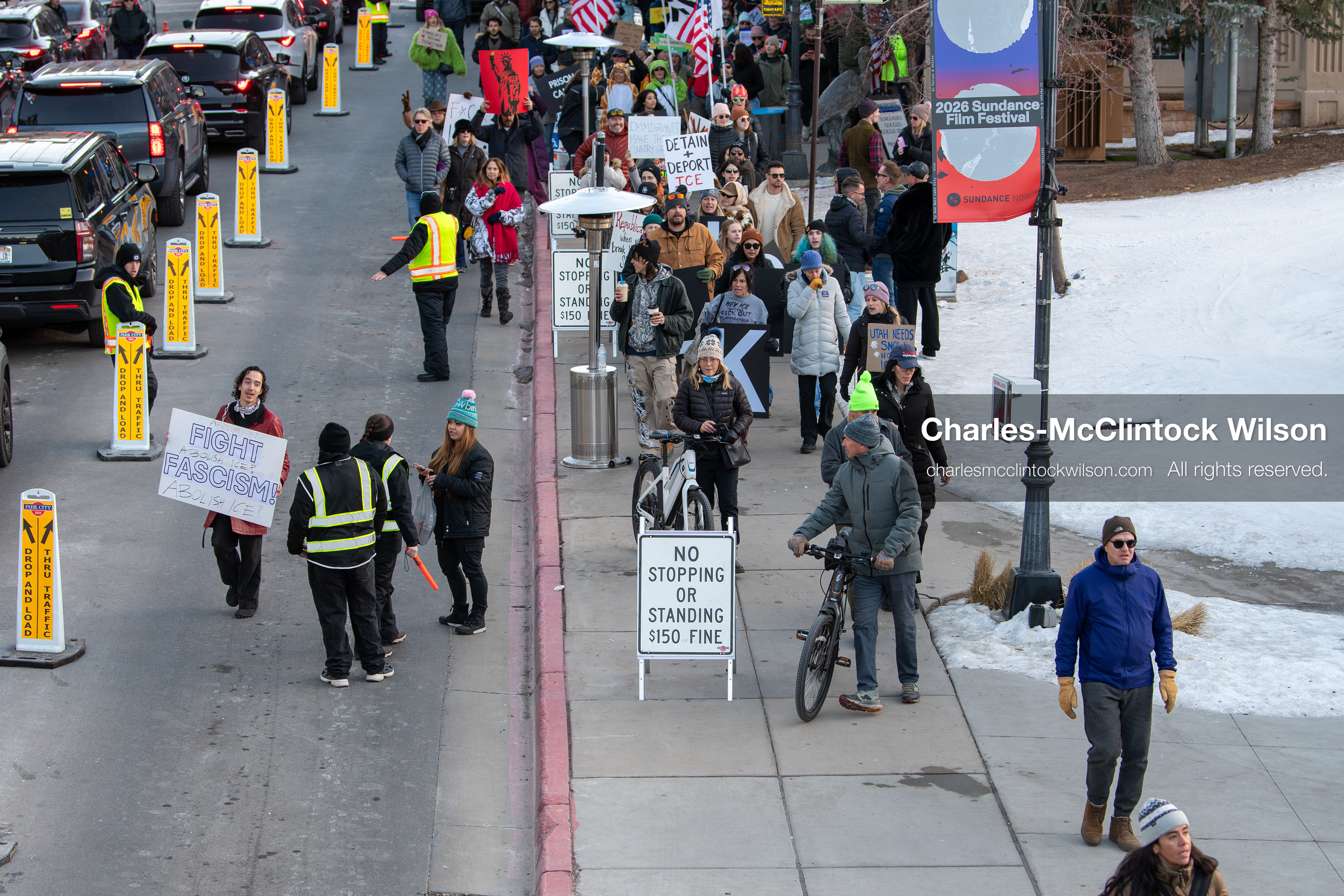 January 26, 2026, Park City, Utah, USA: Demonstrators march through Main Street holding signs during a protest opposing U.S. Immigration and Customs Enforcement (I.C.E.) ICE agents at the Sundance Film Festival in Park City, Utah, on Monday, Jan. 26, 2026. The event was held in response to the fatal shooting of Alex Pretti by a U.S. Border Patrol officer in Minneapolis. (Credit Image: © Charles McClintock Wilson/ZUMA Press Wire)