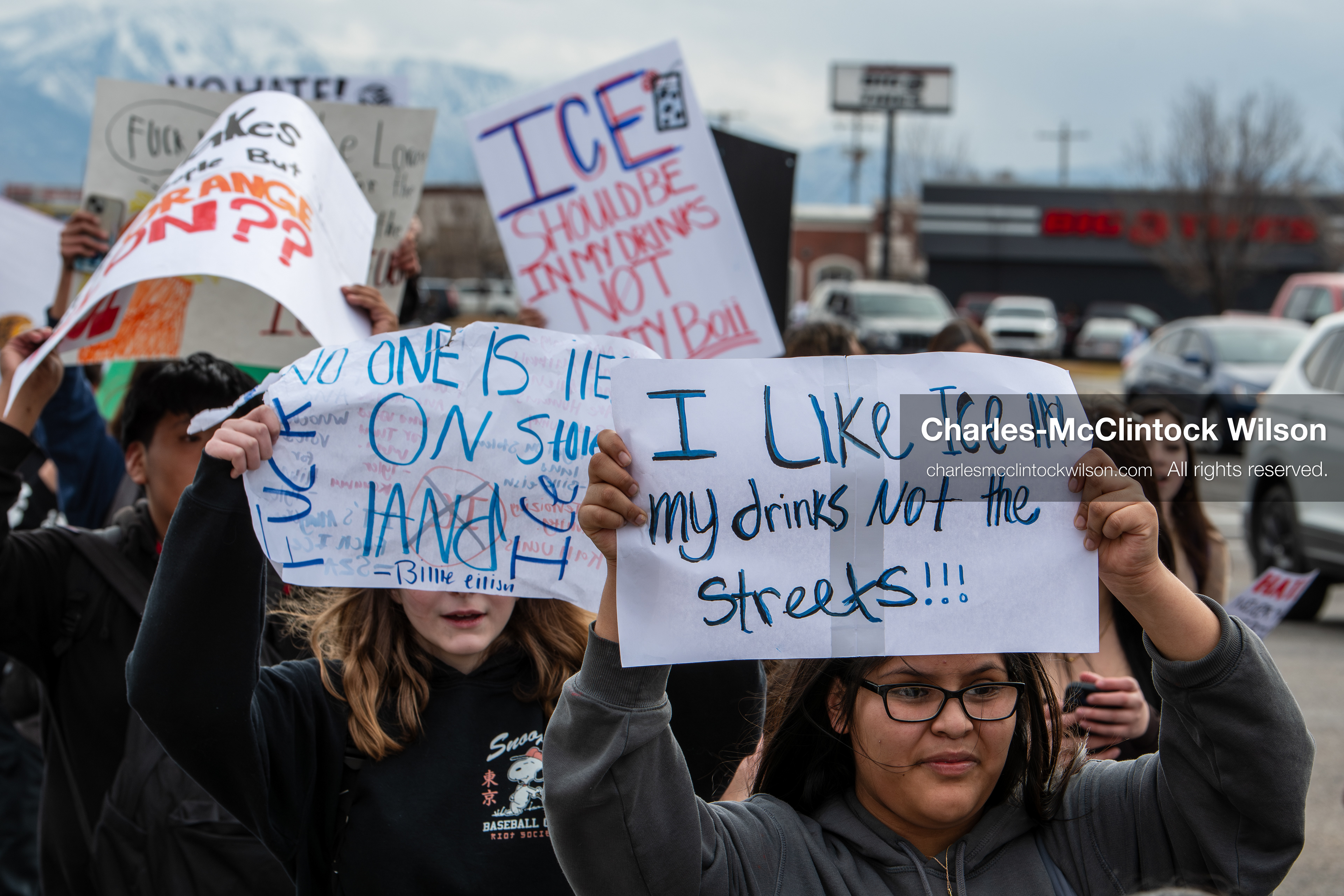 February 11, 2026, Orem, Utah, USA: Students march along State Street during a student‑led protest involving participants from multiple Orem schools. (Credit Image: © Charles‑McClintock Wilson/ZUMA Press Wire)