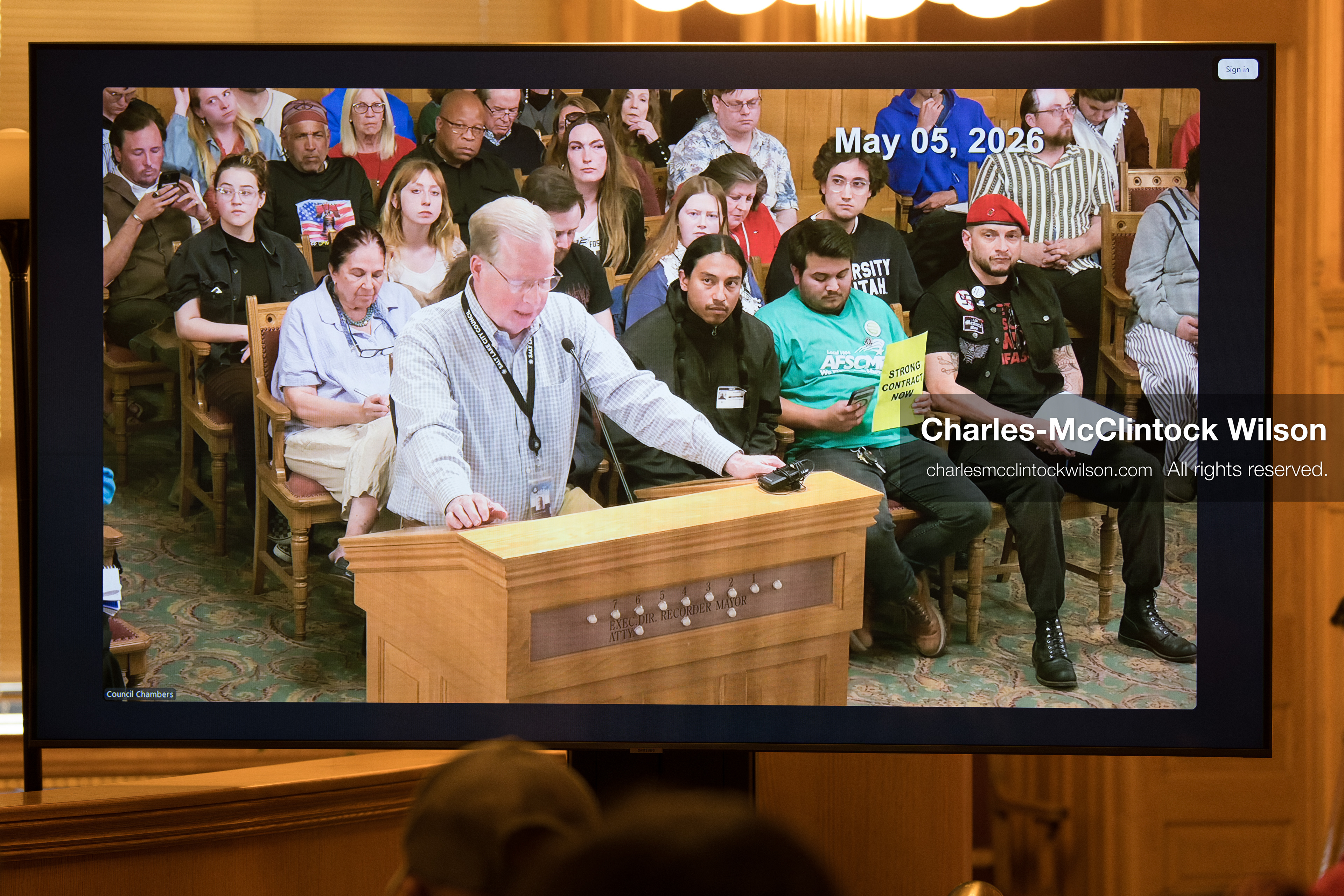 May 5, 2026, Salt Lake City, Utah, USA: People watch a speaker on a monitor during the Salt Lake City Council's formal meeting in Salt Lake City on Tuesday, May 5, 2026. (Credit Image: © Charles-McClintock Wilson/ZUMA Press Wire)