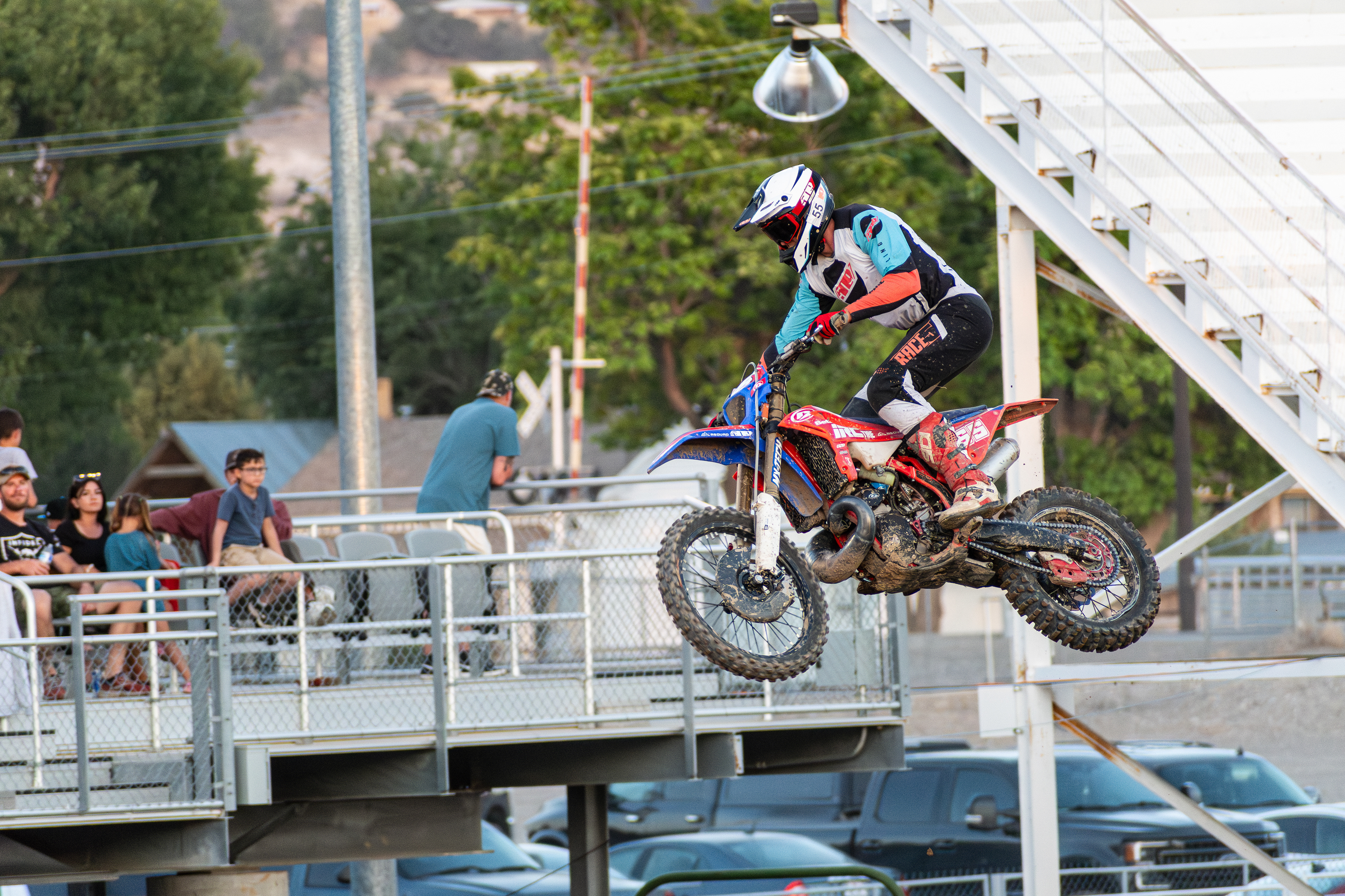 Nephi, Utah – June 28, 2025: A motocross rider goes airborne during the Juab Xtreme Racing event at Juab County Fairgrounds in Nephi, Utah.