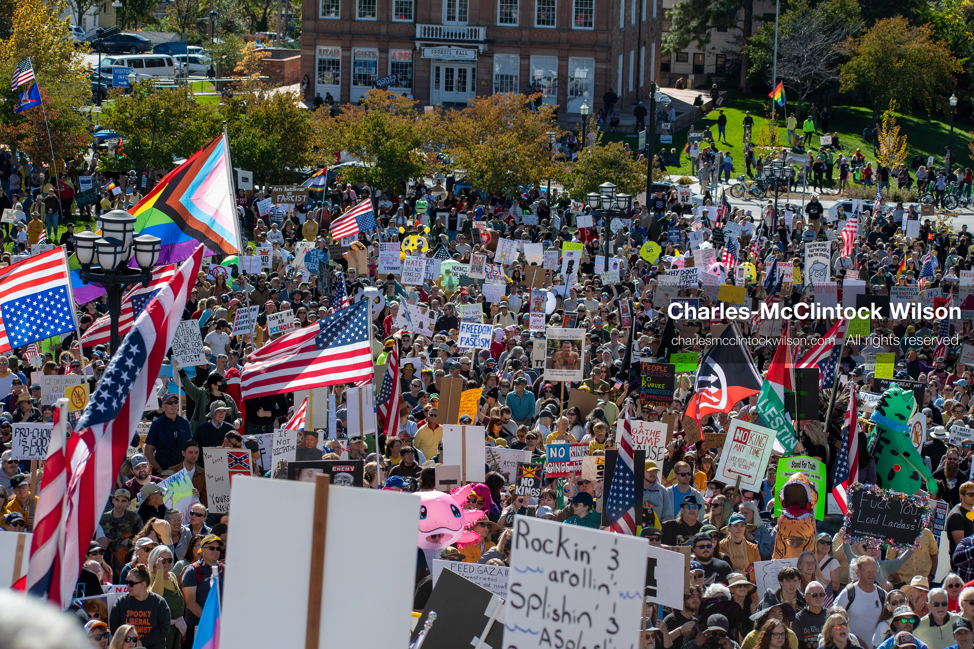 October 18, 2025, Salt Lake City, Utah, USA: Demonstrators participate in a "No Kings" protest held at the Utah State Capitol. Participants hold signs and flags during the public gathering.