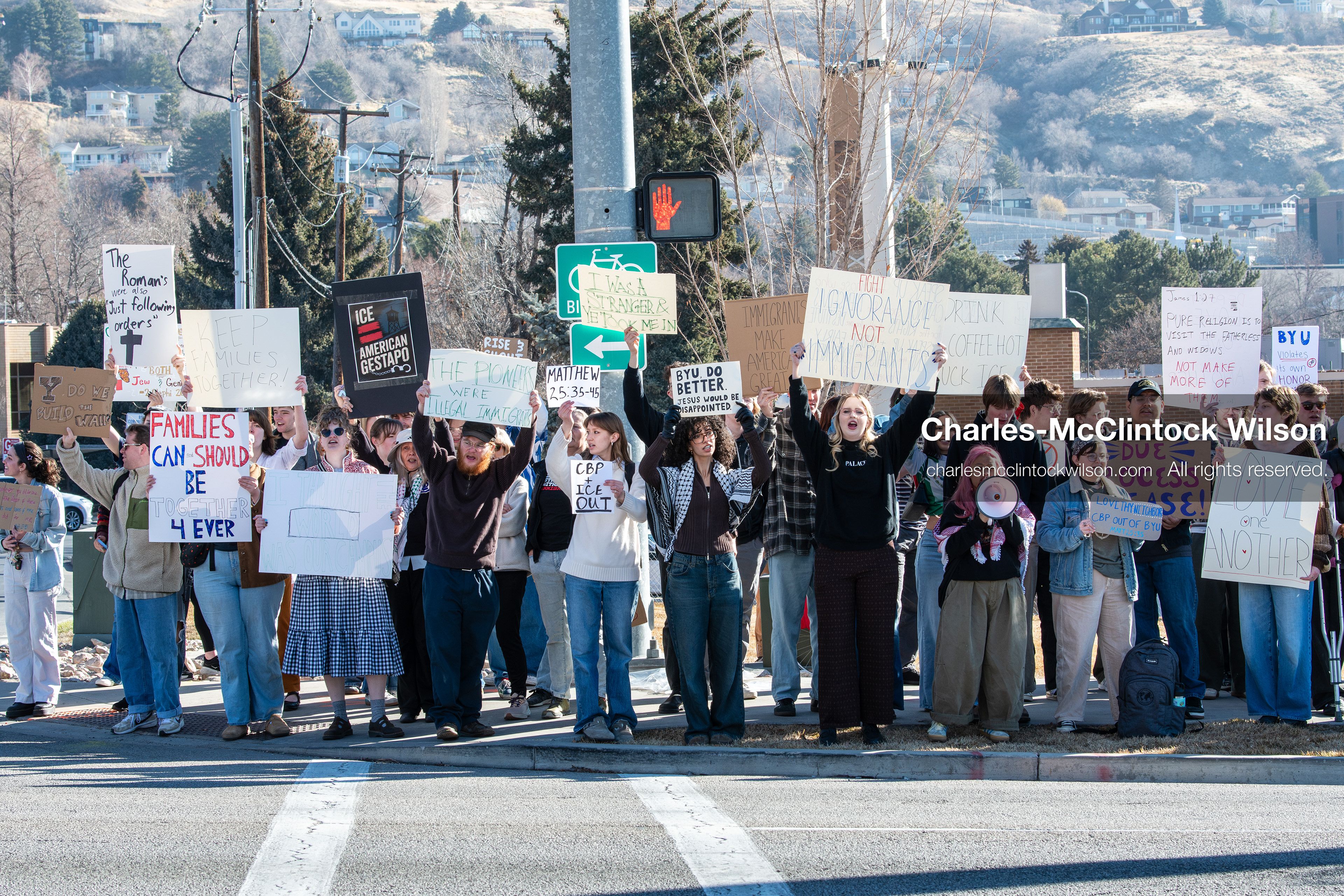 February 5, 2026, Provo, Utah, USA: Students and community members gather near Brigham Young University in Provo to demonstrate against the presence of US Customs and Border Protection recruiters at a career fair held on the BYU campus. (Credit Image: © Charles McClintock Wilson/ZUMA Press Wire)