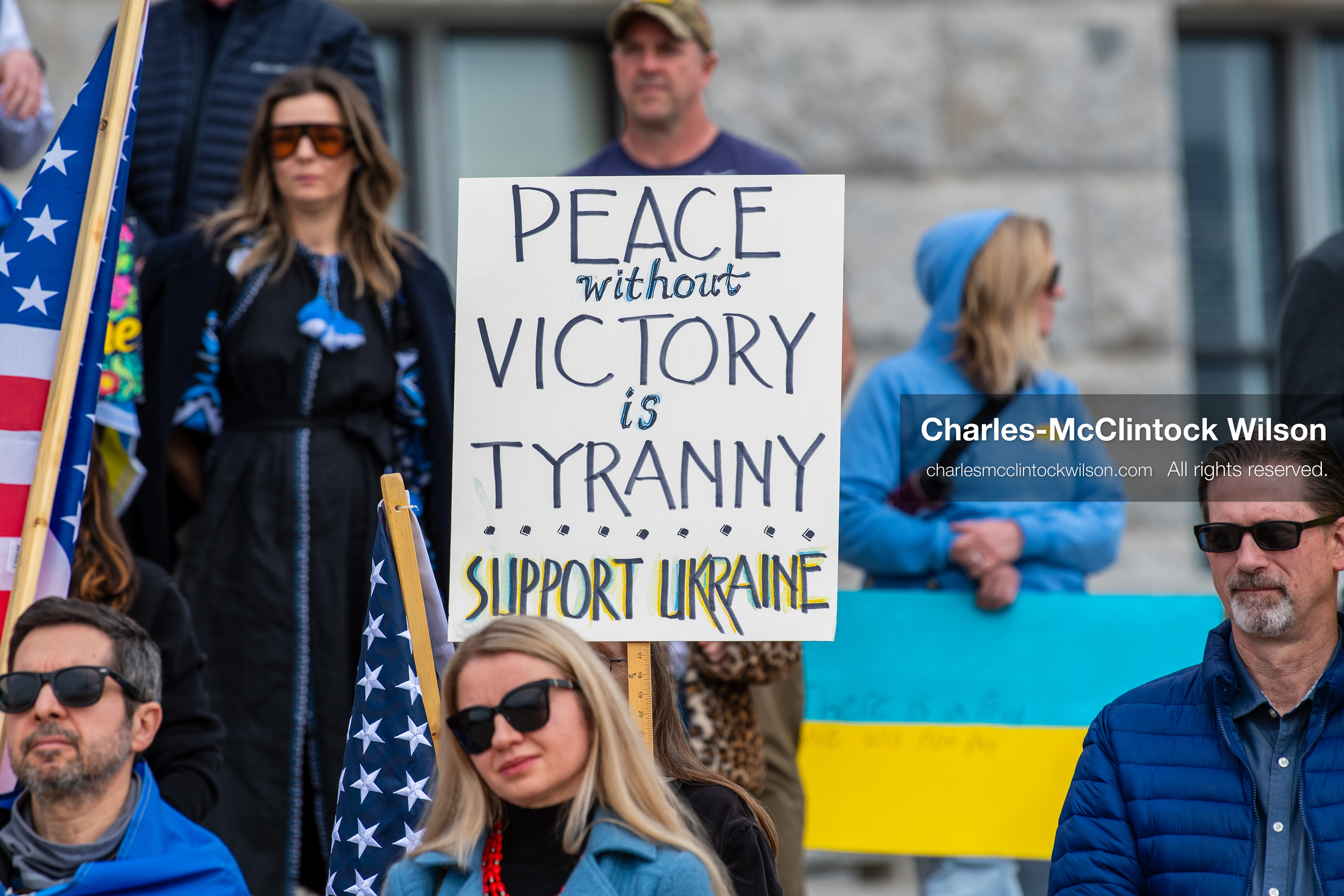 February 28, 2026, Salt Lake City, Utah, USA: A demonstrator holds a sign reading Peace Without Victory Is Tyranny Support Ukraine during the Stand With Ukraine rally near the Utah State Capitol. The gathering marked the four year anniversary of the full scale Russian invasion of Ukraine and brought community members together in support of Ukrainians and local humanitarian efforts. (Credit Image: © Charles McClintock Wilson/ZUMA Press Wire)