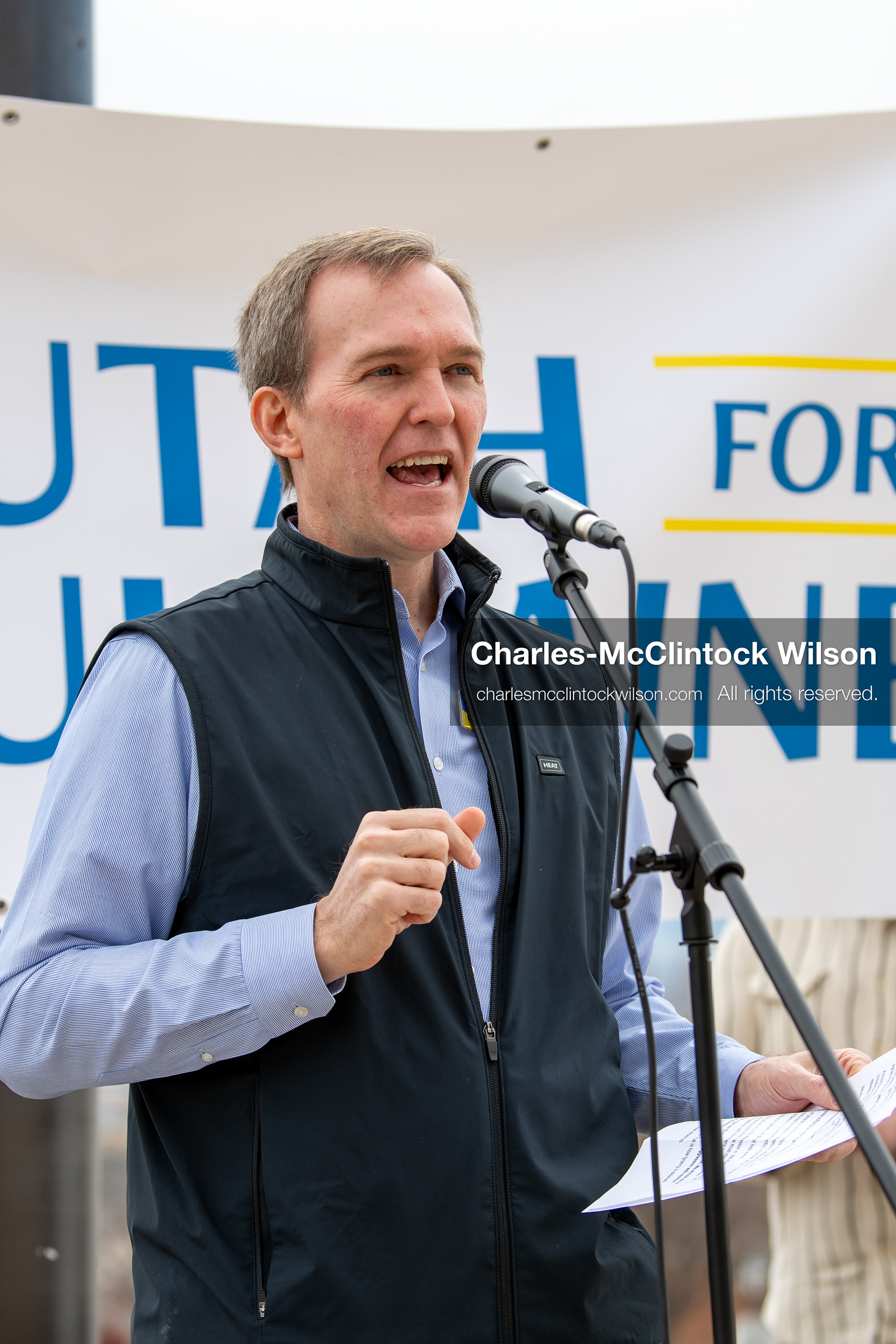 February 28, 2026, Salt Lake City, Utah, USA: Former U.S. Rep BEN MCADAMS, a Democrat from Utah and a 2026 congressional candidate, speaks during the Stand With Ukraine rally at the Utah State Capitol. The event marked the four year anniversary of the full scale Russian invasion of Ukraine and drew community members showing support for Ukrainians and local humanitarian efforts. (Credit Image: © Charles McClintock Wilson/ZUMA Press Wire)