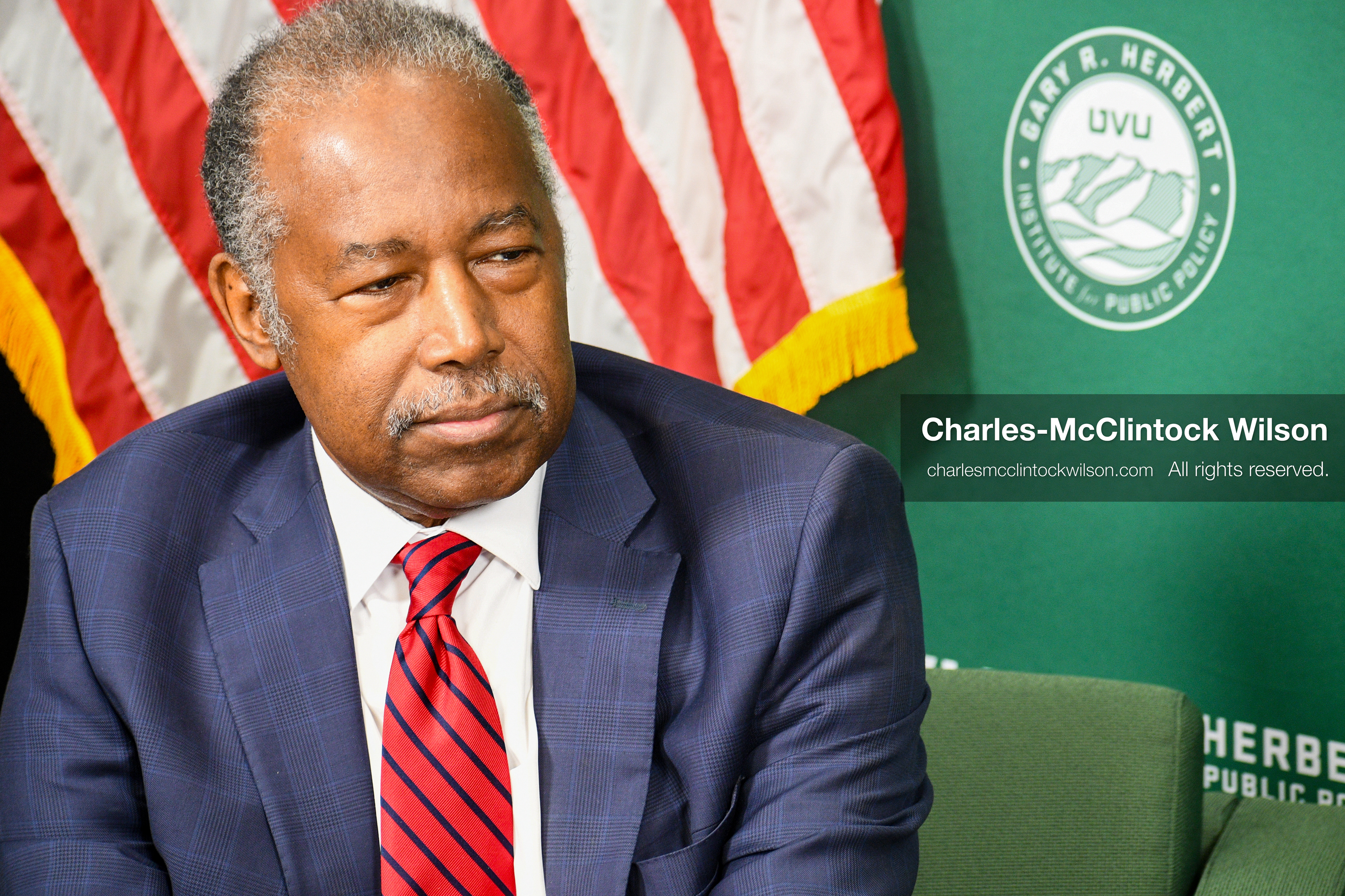 November 5, 2025, Orem, Utah, USA: Dr. Ben Carson, former U.S. Secretary of Housing and Urban Development and 2016 Republican presidential candidate, speaks with members of the press ahead of a public event hosted by the Gary R. Herbert Institute at Utah Valley University in Orem, Utah, on Nov. 5, 2025. (Credit Image: © Charles-McClintock Wilson/ZUMA Press Wire)