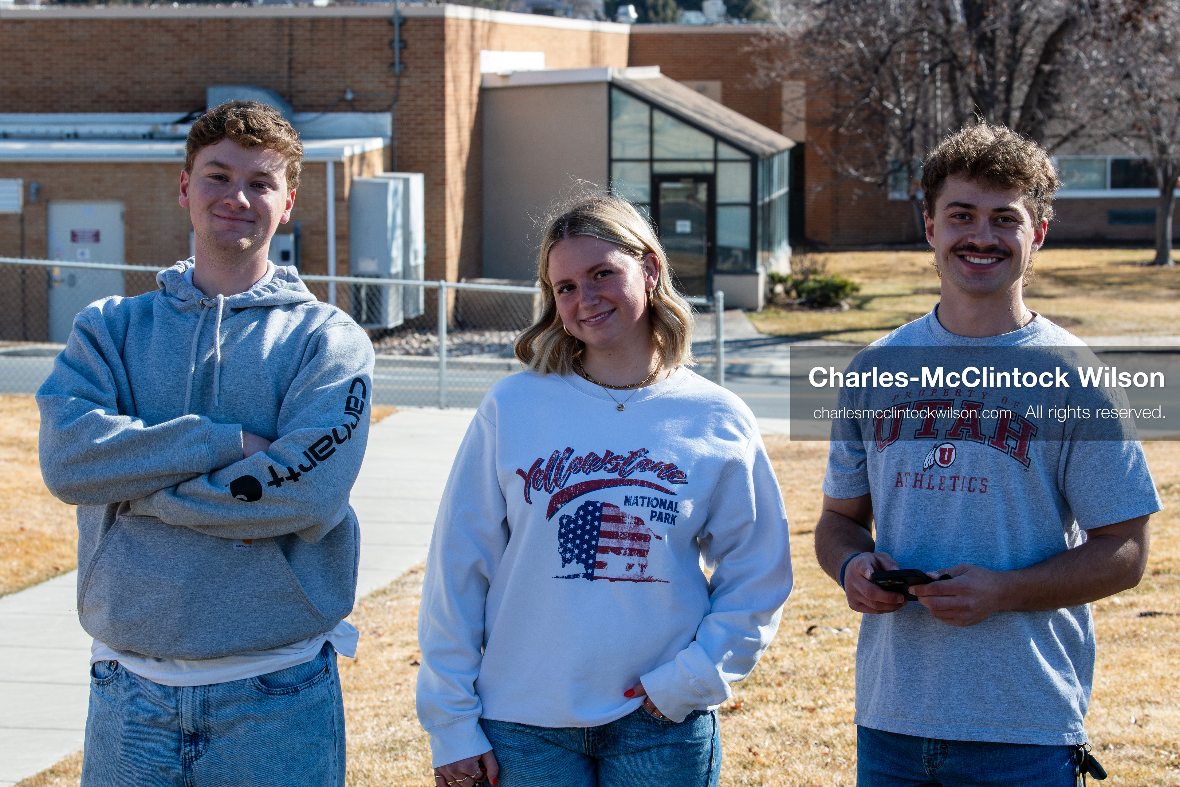 February 5, 2026, Provo, Utah, USA: Members of the Turning Point USA chapter at Brigham Young University pose for a photo in Provo as a protest takes place nearby opposing the presence of US Customs and Border Protection recruiters at a career fair held at the university. (Credit Image: © Charles McClintock Wilson/ZUMA Press Wire)