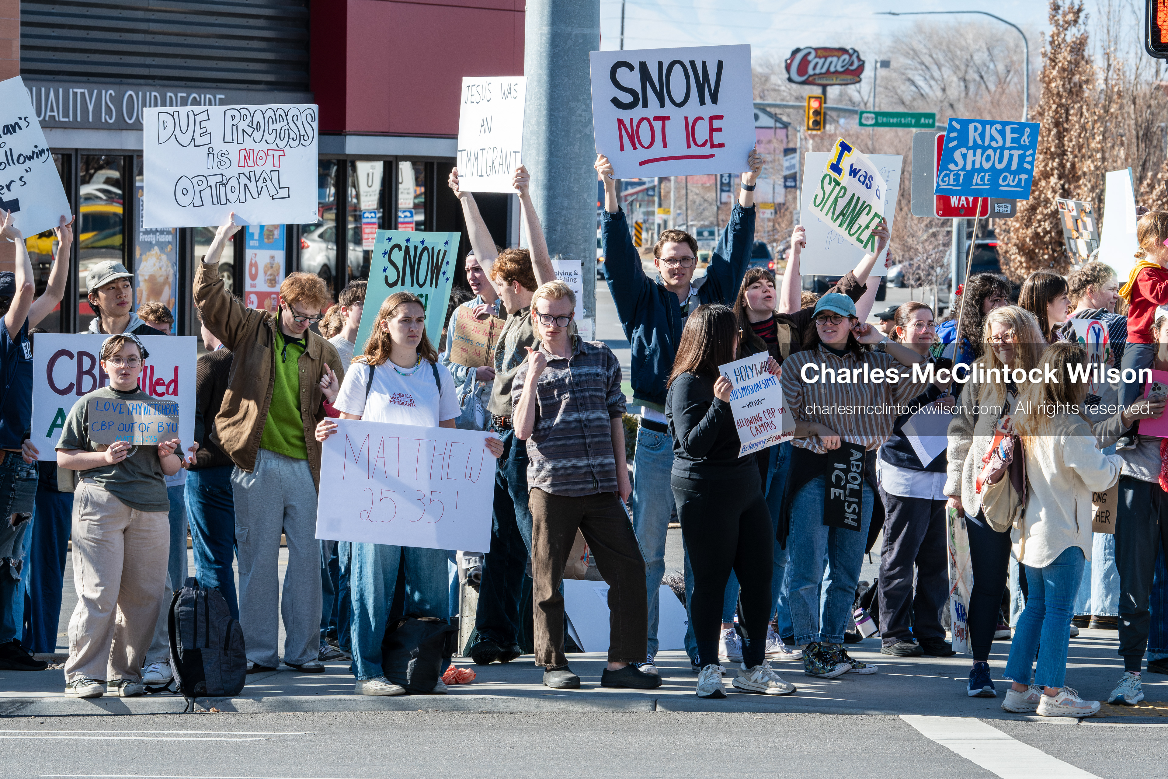 February 5, 2026, Provo, Utah, USA: Students and community members gather near Brigham Young University in Provo to demonstrate against the presence of US Customs and Border Protection recruiters at a career fair held on the BYU campus. (Credit Image: © Charles McClintock Wilson/ZUMA Press Wire)