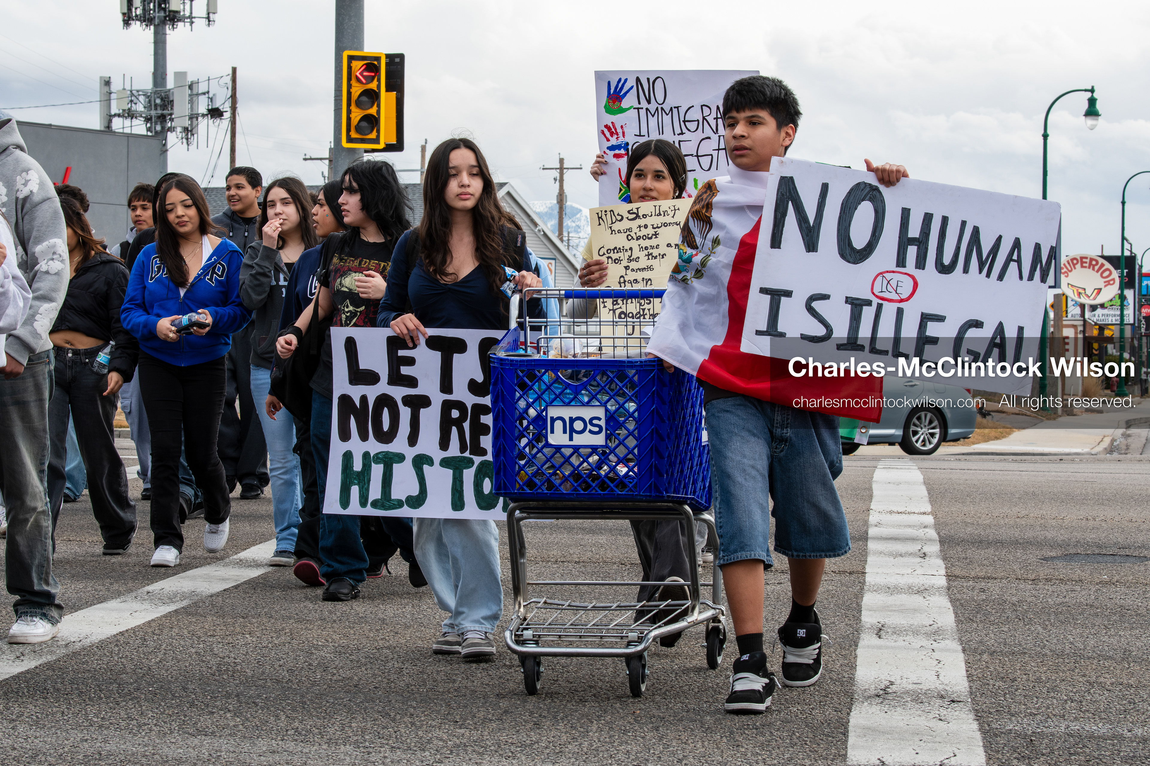 February 11, 2026, Orem, Utah, USA: Students march along State Street during a student‑led protest involving participants from multiple Orem schools. (Credit Image: © Charles‑McClintock Wilson/ZUMA Press Wire)