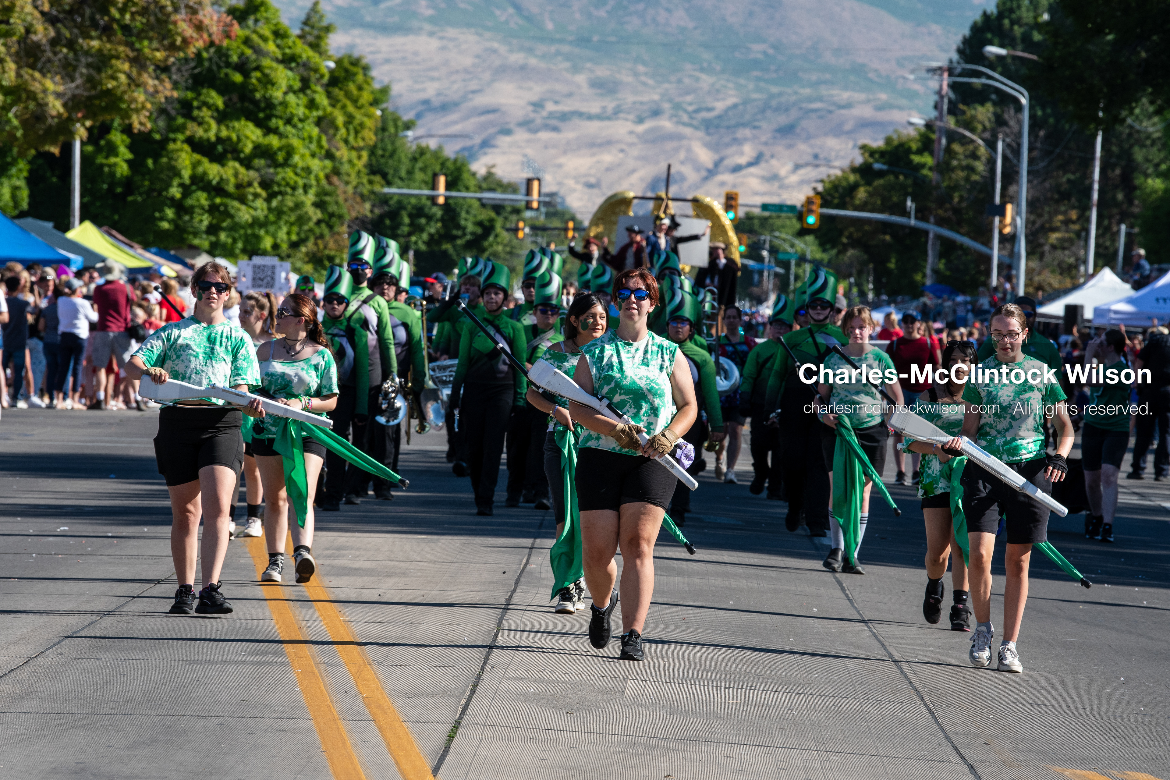 July 4, 2026, Provo, Utah, USA: Members of a high school marching band dressed in maroon and black uniforms play brass instruments while marching down the street during America's Freedom Festival Grand Parade in Provo, Utah, Saturday, July 4, 2026. The annual Independence Day event features expanded programming to honor the 250th anniversary of United States independence. (Credit Image: © Charles-McClintock Wilson/ZUMA Press Wire)