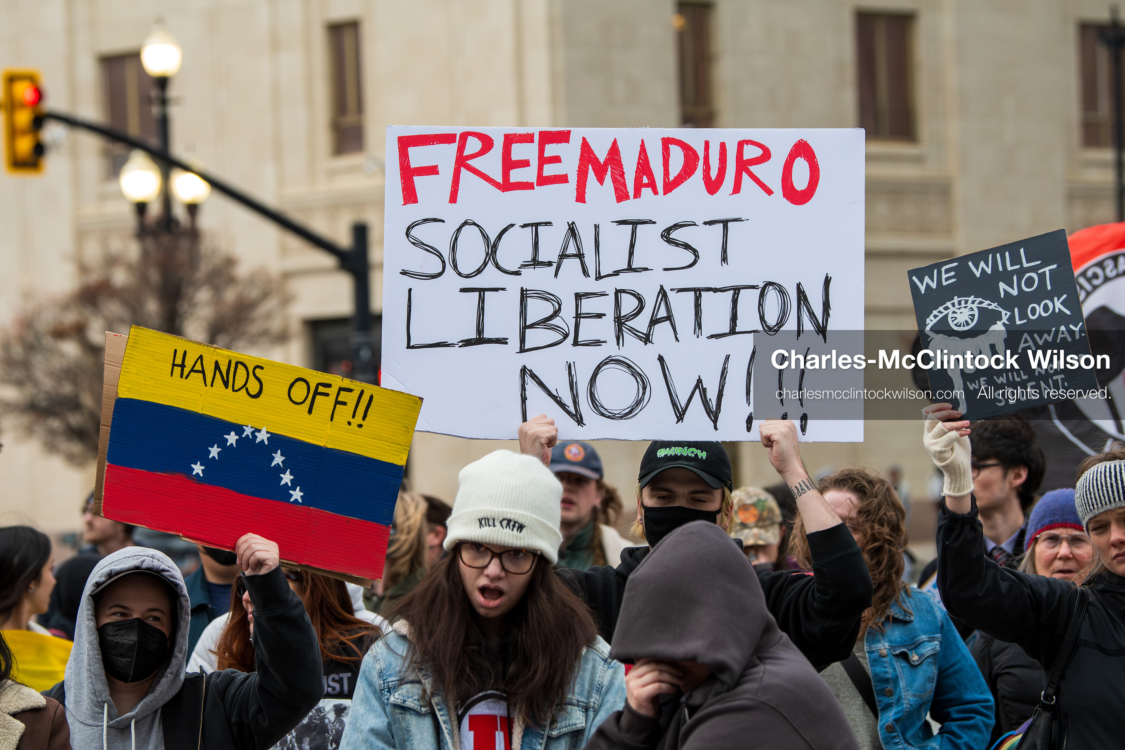 January 3, 2026, Salt Lake City, Utah, USA: Protesters hold signs during an emergency demonstration against US action in Venezuela outside the Wallace Federal Building in Salt Lake City, Utah. The event was part of a nationwide mobilization responding to recent military developments. (Credit Image: (c) Charles‑McClintock Wilson/ZUMA Press Wire)