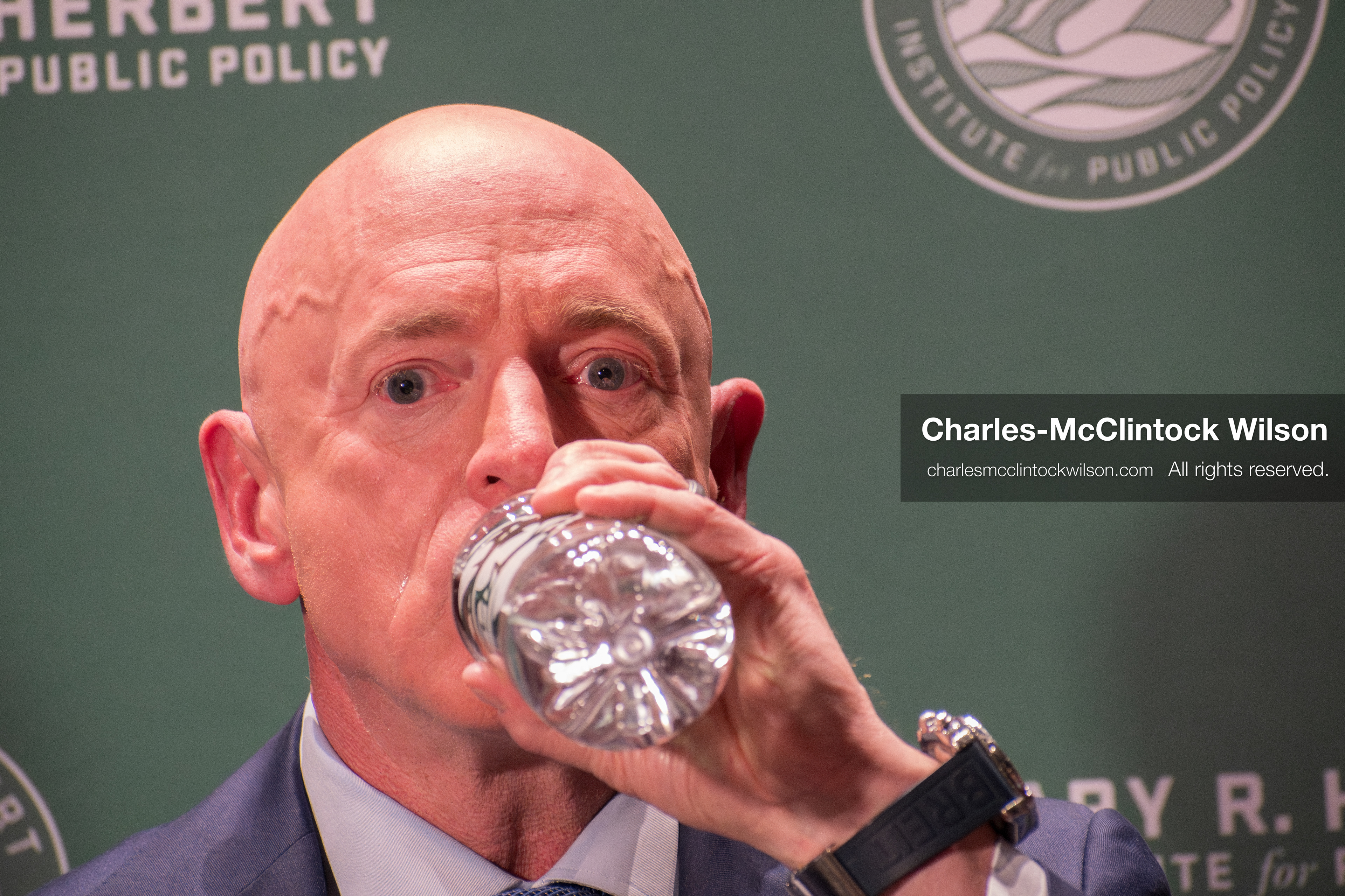 November 12, 2025, Orem, Utah, USA: Senator Mark Kelly (D–AZ) drinks water during press engagement at the Senators Modeling Civility forum hosted by the Gary R. Herbert Institute for Public Policy at Utah Valley University. The event, held at the Noorda Center for the Performing Arts, featured bipartisan dialogue moderated by CNN anchor Dana Bash, emphasizing institutional response and respectful civic engagement following the assassination of conservative activist Charlie Kirk. (Credit Image: © Charles-McClintock Wilson/ZUMA Press Wire)