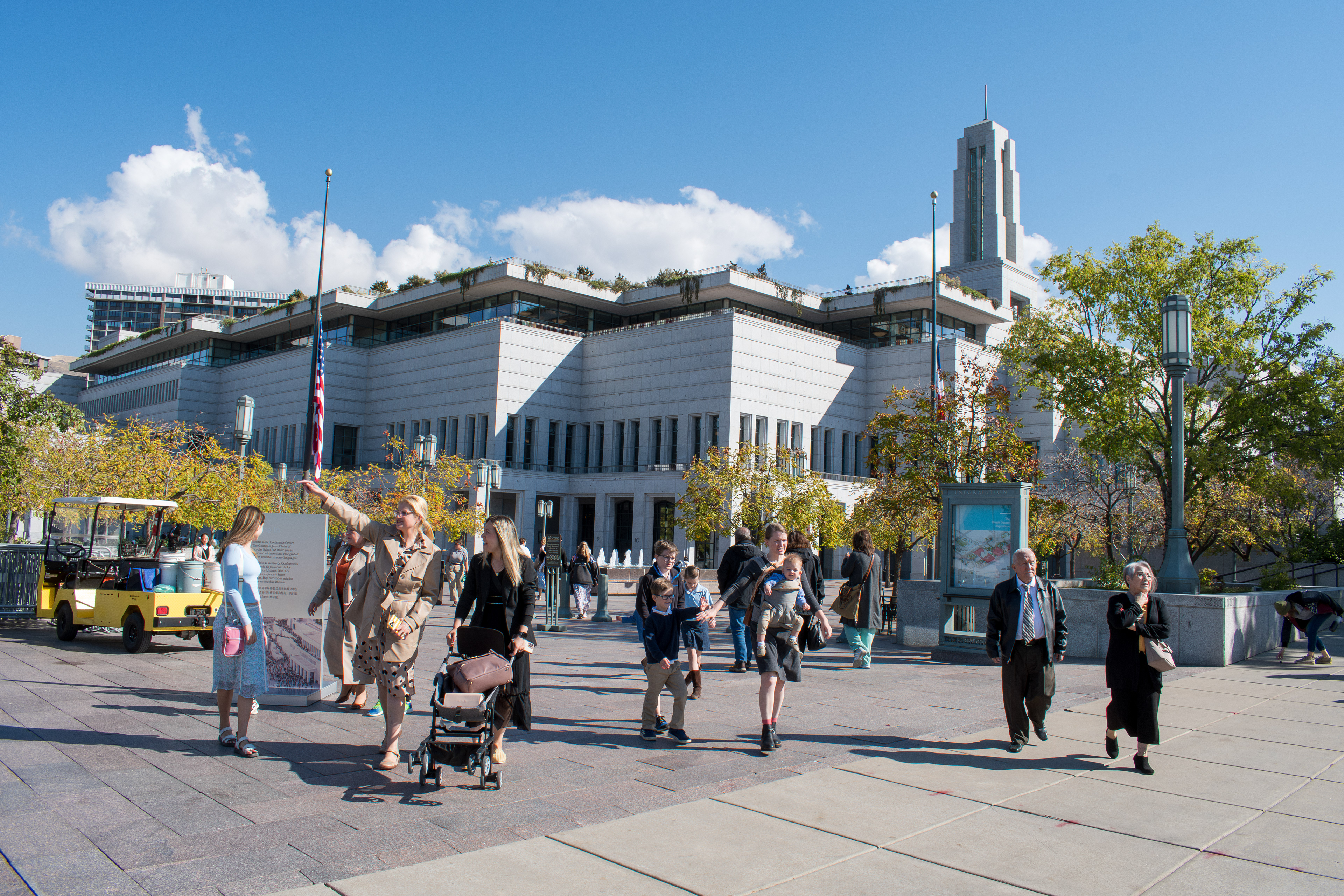 October 6, 2025, Salt Lake City, Utah, USA: People walk through the plaza outside the Conference Center during the public viewing for Russell M. Nelson, the 17th president of the Church of Jesus Christ of Latter-day Saints. Flags fly at half-mast following the death of Nelson at his home in Salt Lake City, Utah, on September 27, 2025, at the age of 101. (Credit Image: © Charles-McClintock Wilson/ZUMA Press Wire)