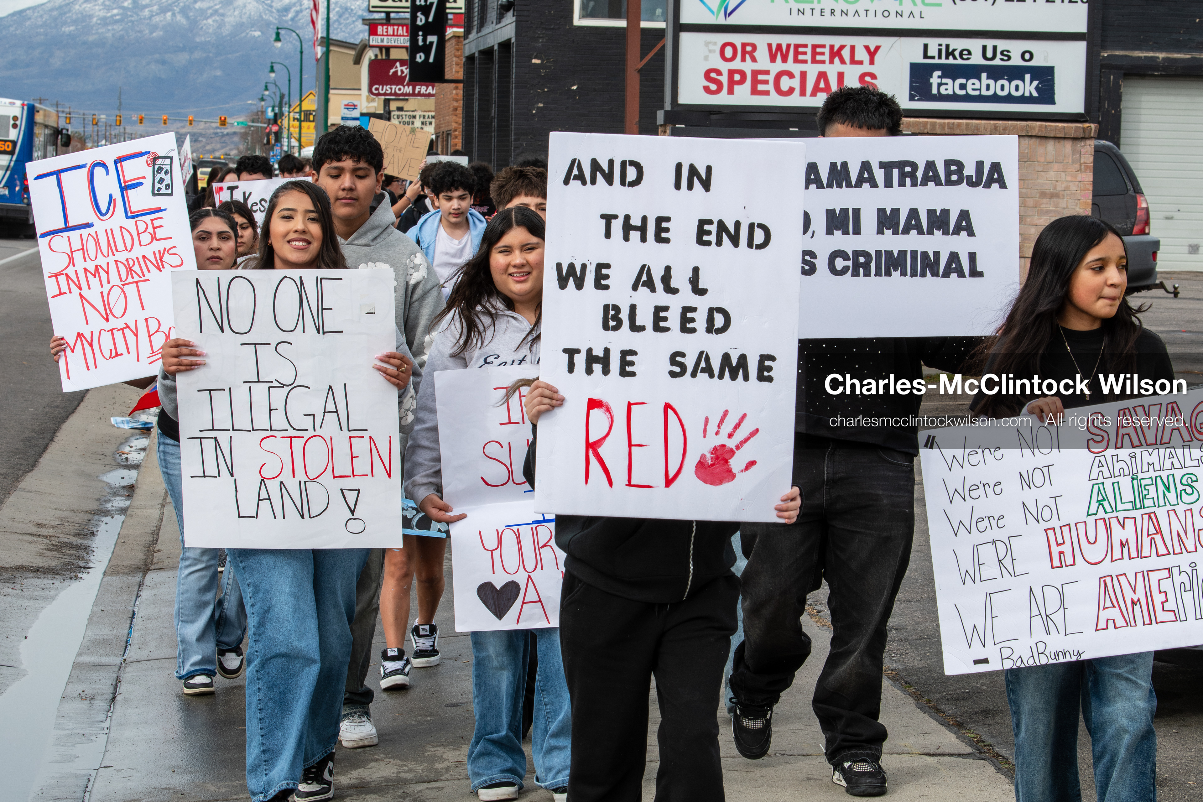February 11, 2026, Orem, Utah, USA: Students march along State Street during a student‑led protest involving participants from multiple Orem schools. (Credit Image: © Charles‑McClintock Wilson/ZUMA Press Wire)
