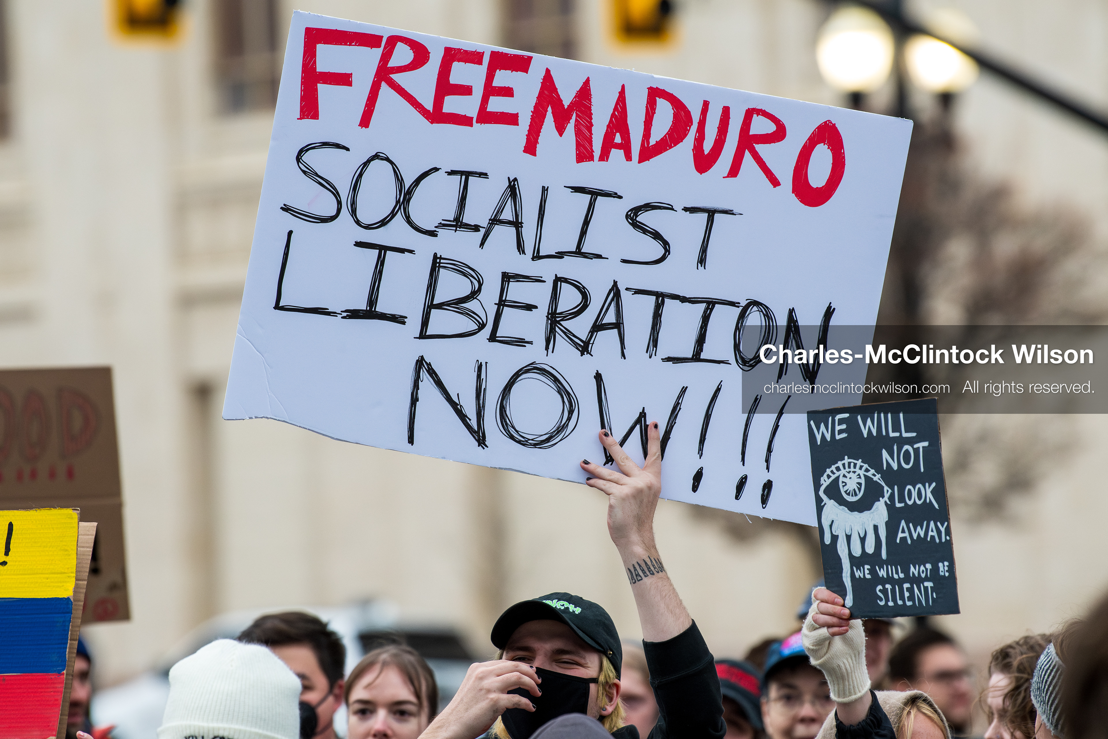 January 3, 2026, Salt Lake City, Utah, USA: Protesters hold signs during an emergency demonstration against US action in Venezuela outside the Wallace Federal Building in Salt Lake City, Utah. The event was part of a nationwide mobilization responding to recent military developments. (Credit Image: (c) Charles‑McClintock Wilson/ZUMA Press Wire)