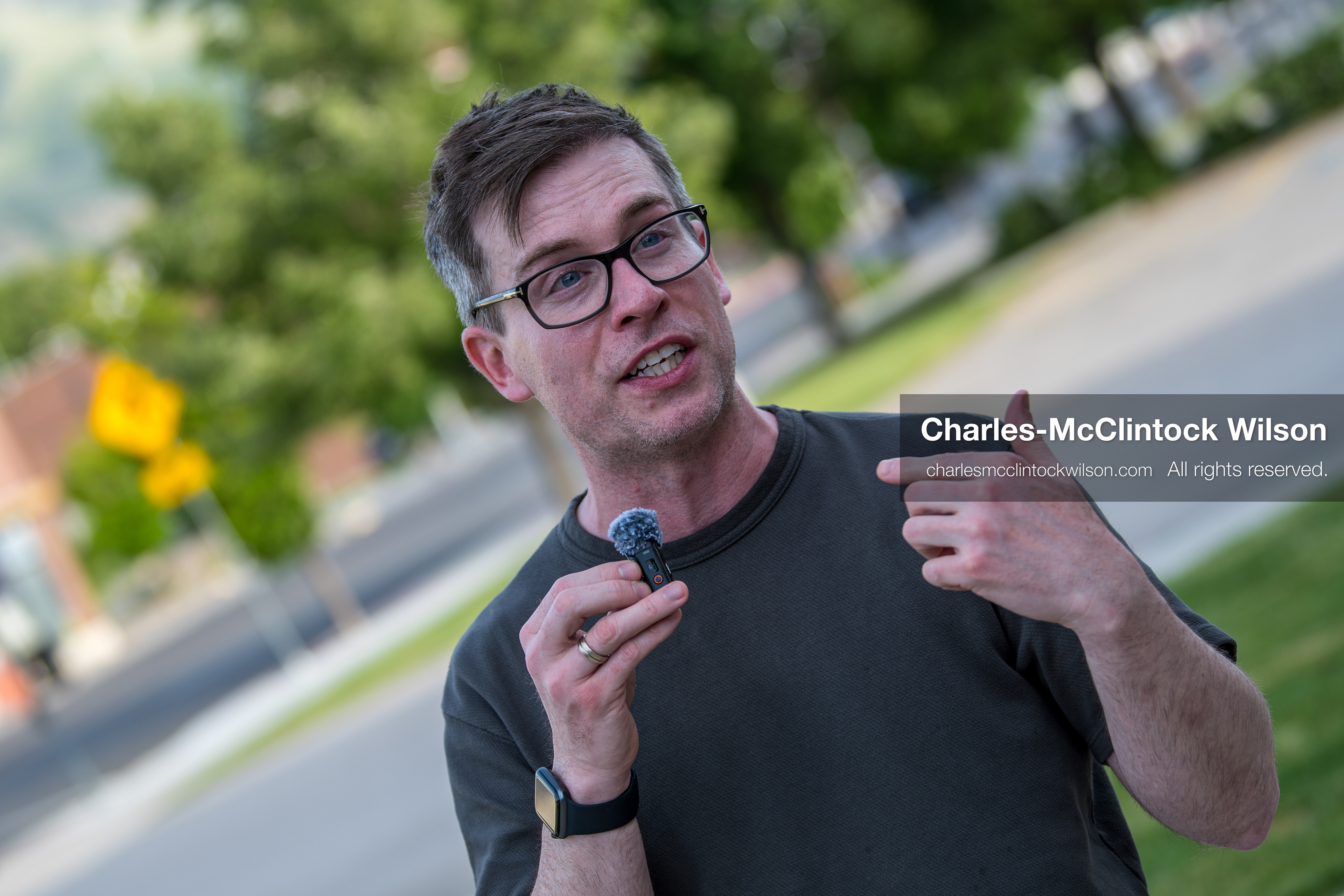 May 13, 2026, Brigham City, Utah, USA: US political satirist and digital creator WALTER MASTERSON speaks to attendees outside the Box Elder County Justice Courthouse in Brigham City, Utah, on May 13, 2026, during a gathering over the proposed data center project backed by businessman Kevin O'Leary, which has drawn public concern over water use, power demand, and transparency. (Credit Image: © Charles-McClintock Wilson/ZUMA Press Wire)