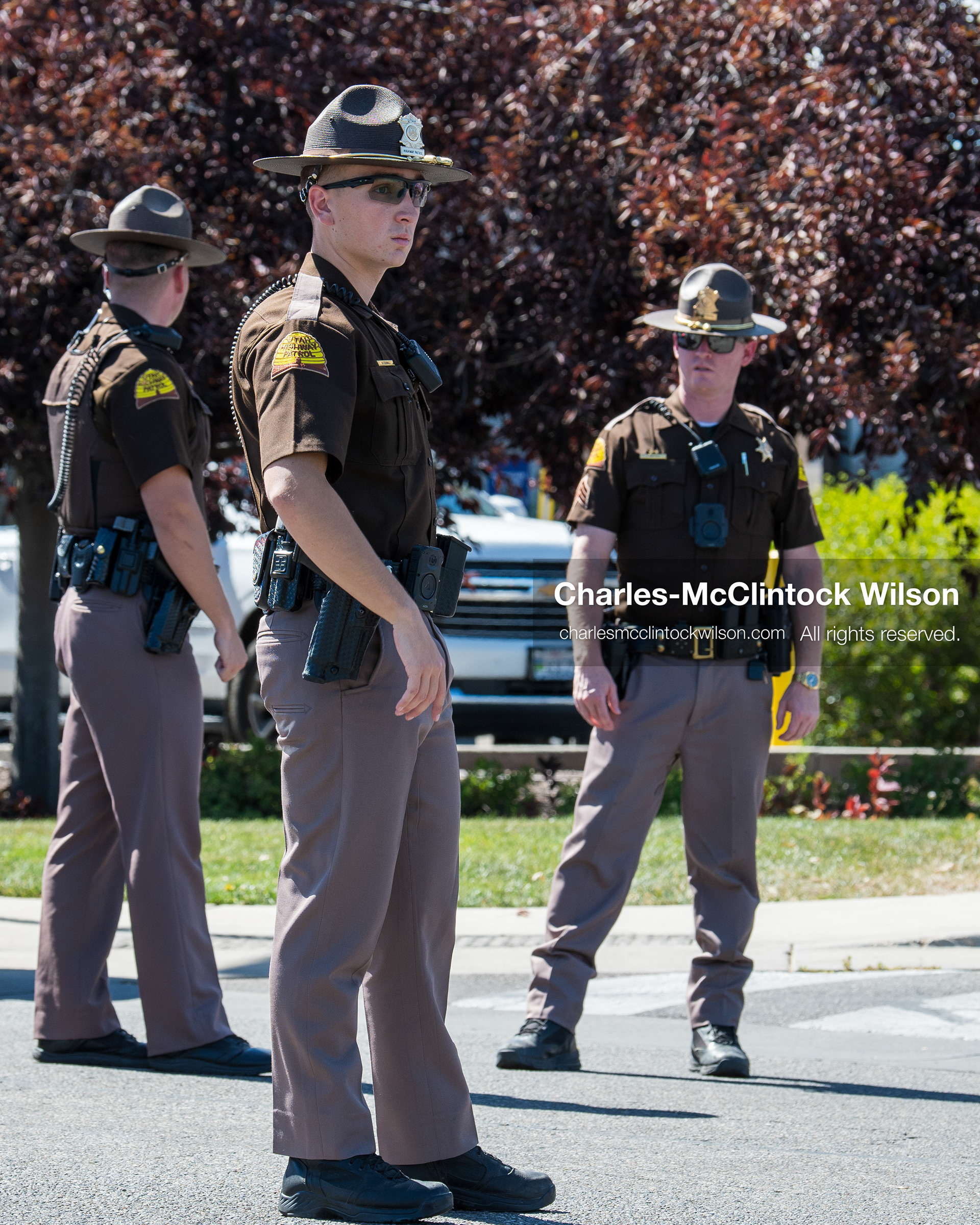 August 17, 2026, Murray, Utah, USA: Utah Highway Patrol troopers stand guard outside Intermountain Medical Center in Murray, Utah, on Monday. Multiple police agencies secured the hospital perimeter as a safety precaution after shooting victims were brought in from a fatal shootout outside a funeral in nearby Kearns. (Credit Image: © Charles McClintock Wilson/ZUMA Press Wire)