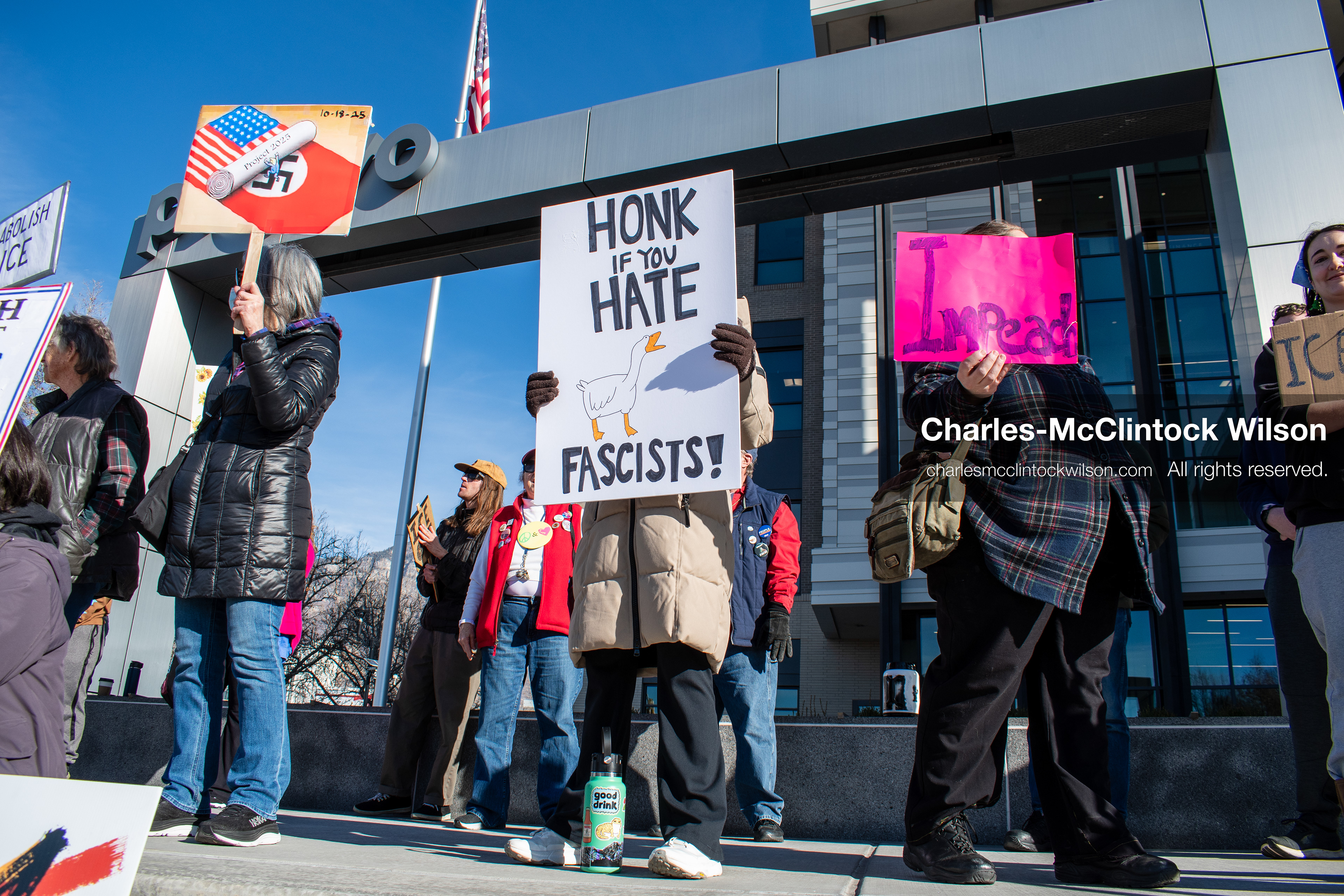 January 20, 2026, Provo, Utah, USA: Protesters gather outside Provo City Hall during the Free America Walkout protest in Provo, Utah, on January 20, 2026. Demonstrators held signs calling for justice, immigration reform, and an end to detention practices. (Credit Image: © Charles-McClintock Wilson/ZUMA Press Wire)