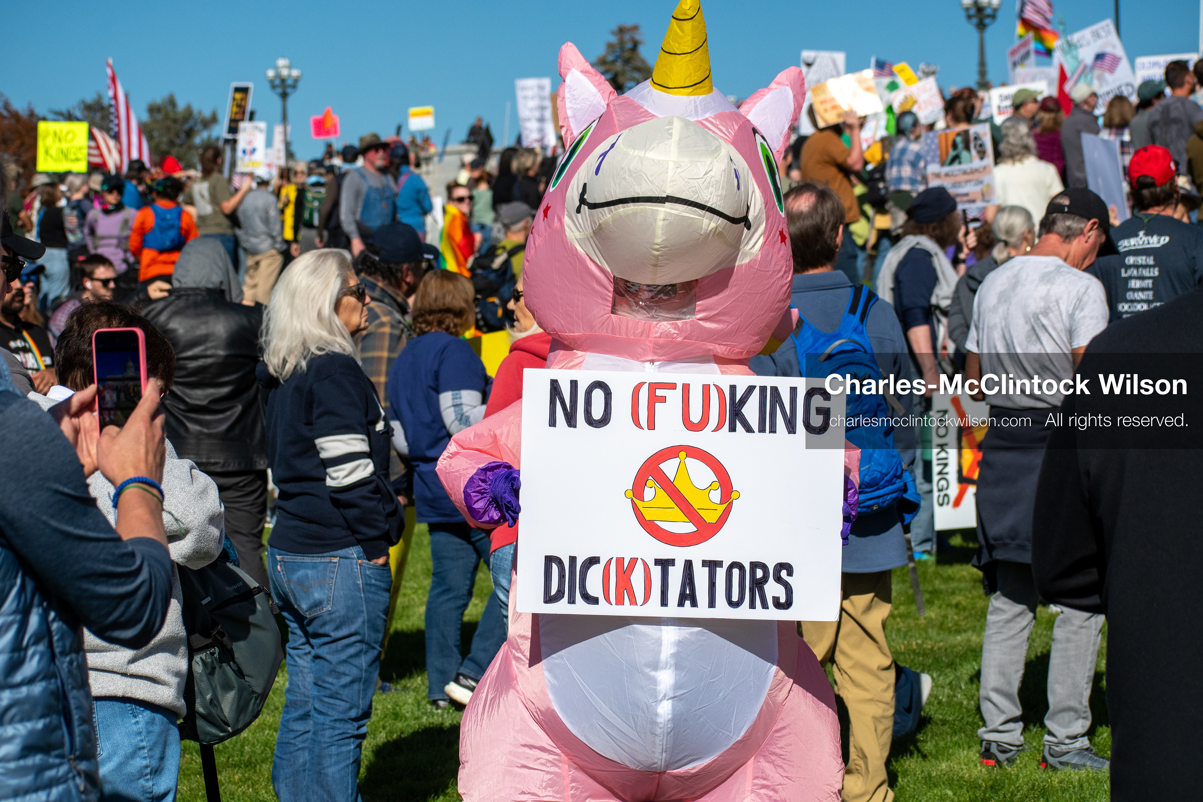 October 18, 2025, Salt Lake City, Utah, USA: A demonstrator in a costume holds a sign during a "No Kings" protest at the Utah State Capitol. The protest was part of a nationwide mobilization.