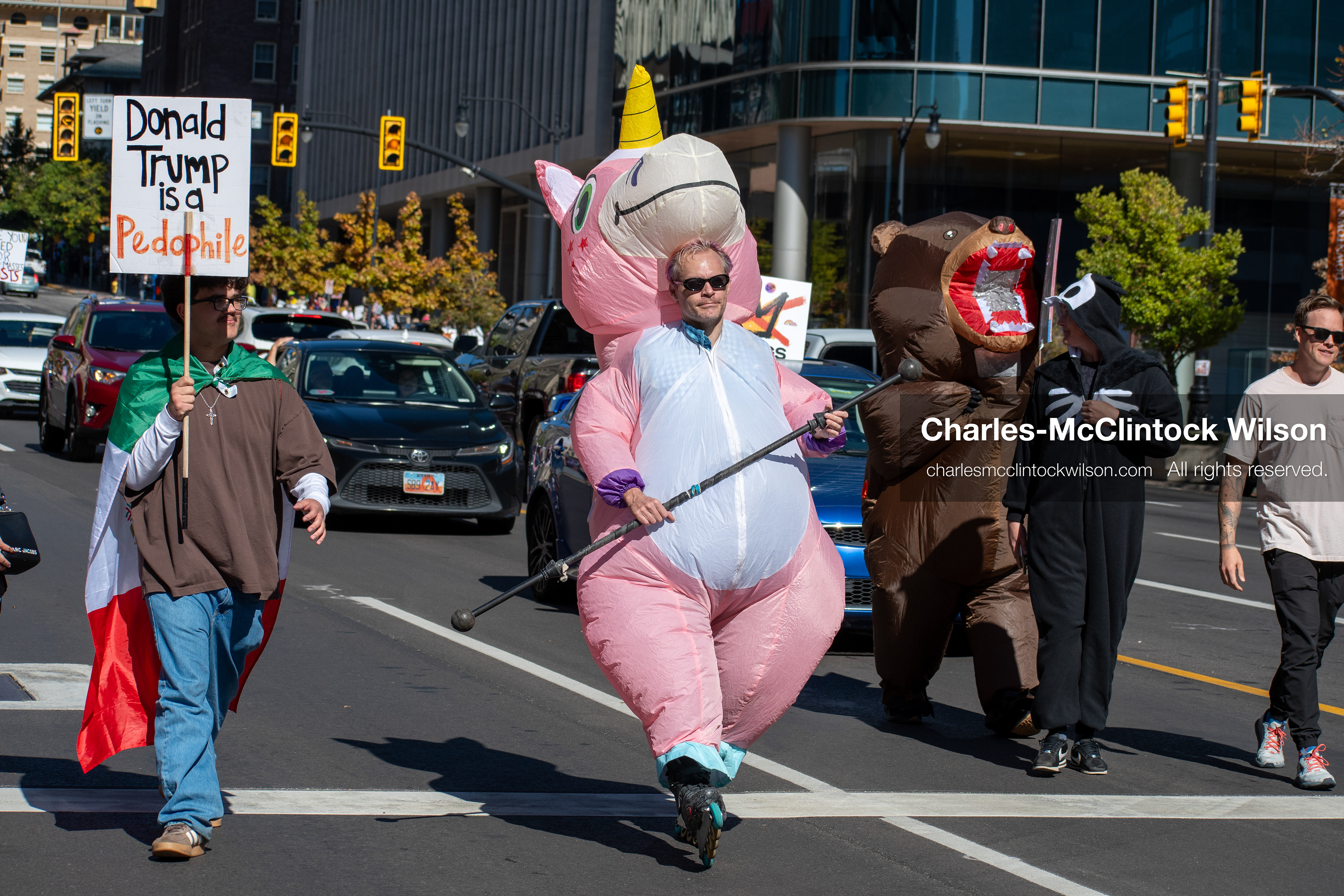 October 18, 2025, Salt Lake City, Utah, USA: Demonstrators march along South State Street during a "No Kings" protest in Salt Lake City, Utah. The protest was part of a nationwide mobilization.