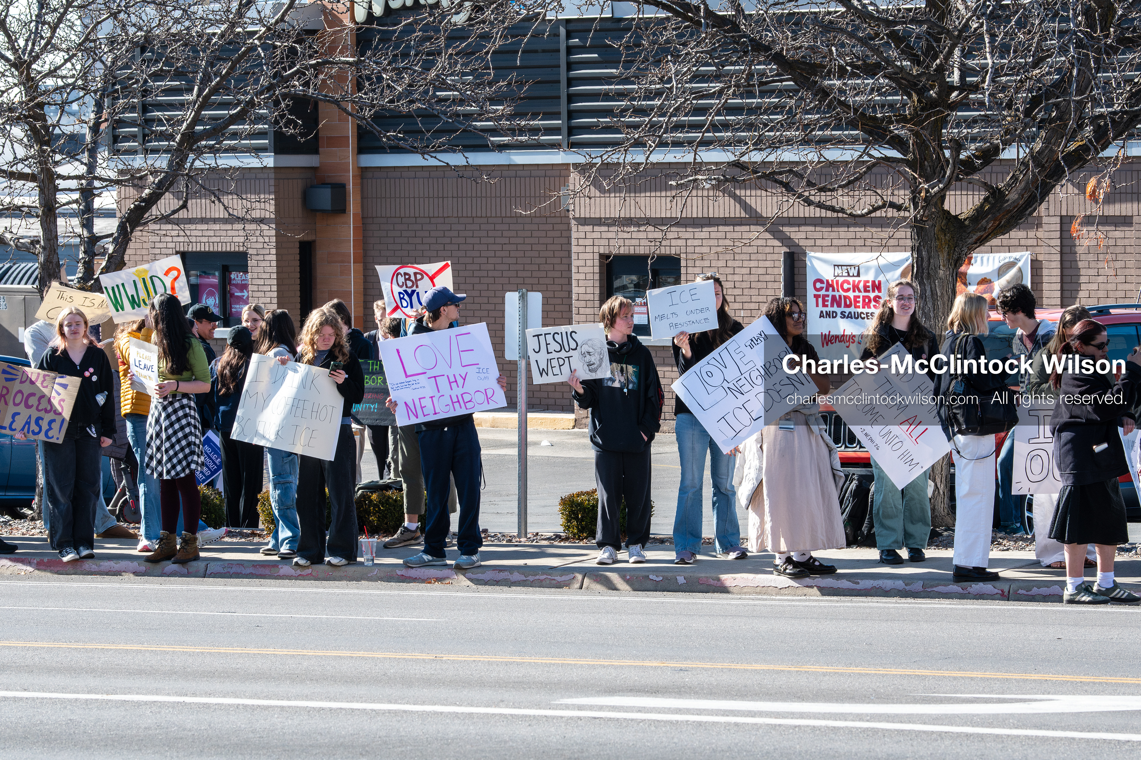 February 5, 2026, Provo, Utah, USA: Students and community members gather near Brigham Young University in Provo to demonstrate against the presence of US Customs and Border Protection recruiters at a career fair held on the BYU campus. (Credit Image: © Charles McClintock Wilson/ZUMA Press Wire)