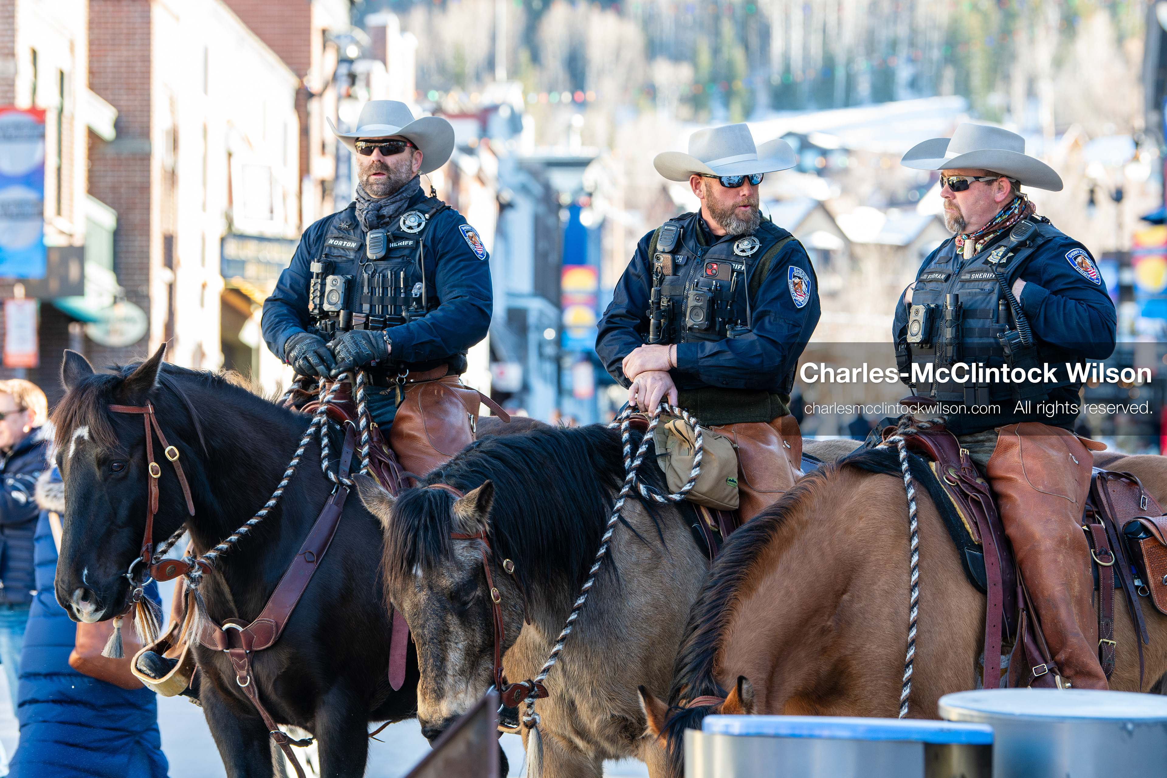  January 26, 2026, Park City, Utah, USA: Mounted law enforcement officers patrol Main Street during a protest opposing U.S. Immigration and Customs Enforcement (I.C.E.) ICE agents at the Sundance Film Festival in Park City, Utah, on Monday, Jan. 26, 2026. The event was held in response to the fatal shooting of Alex Pretti by a U.S. Border Patrol officer in Minneapolis. (Credit Image: © Charles McClintock Wilson/ZUMA Press Wire)