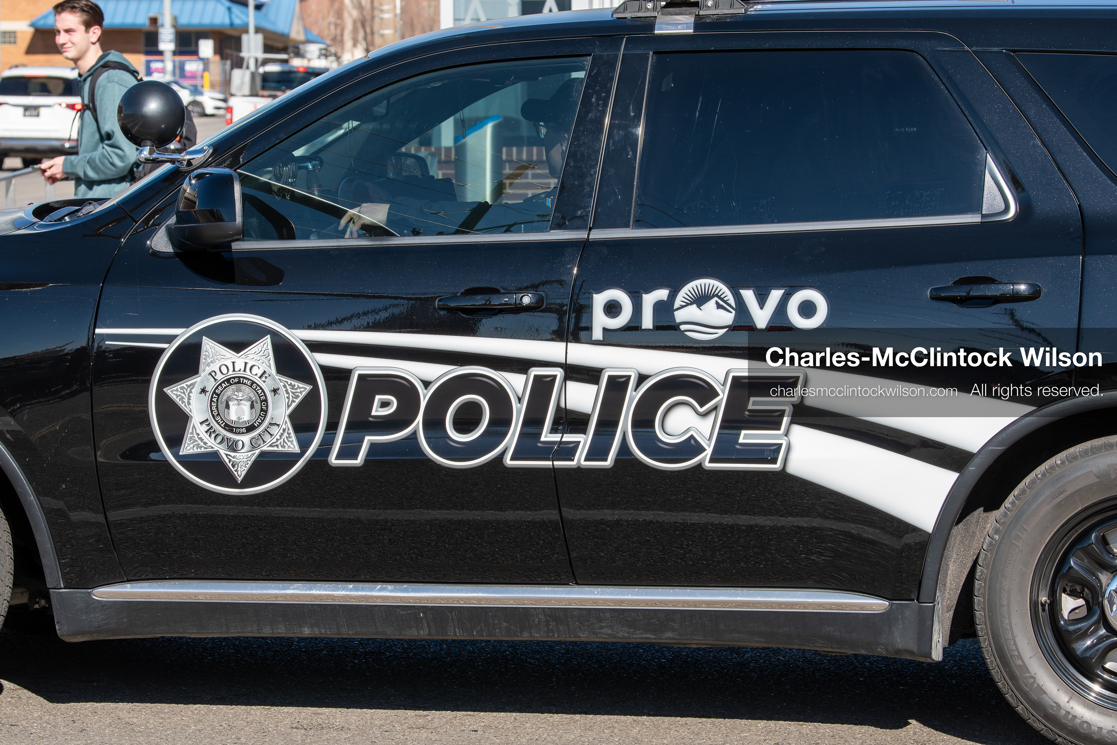 February 5, 2026, Provo, Utah, USA: A Provo Police vehicle is parked near Brigham Young University in Provo during a protest opposing the presence of US Customs and Border Protection recruiters at a career fair held at the university. (Credit Image: © Charles McClintock Wilson/ZUMA Press Wire)