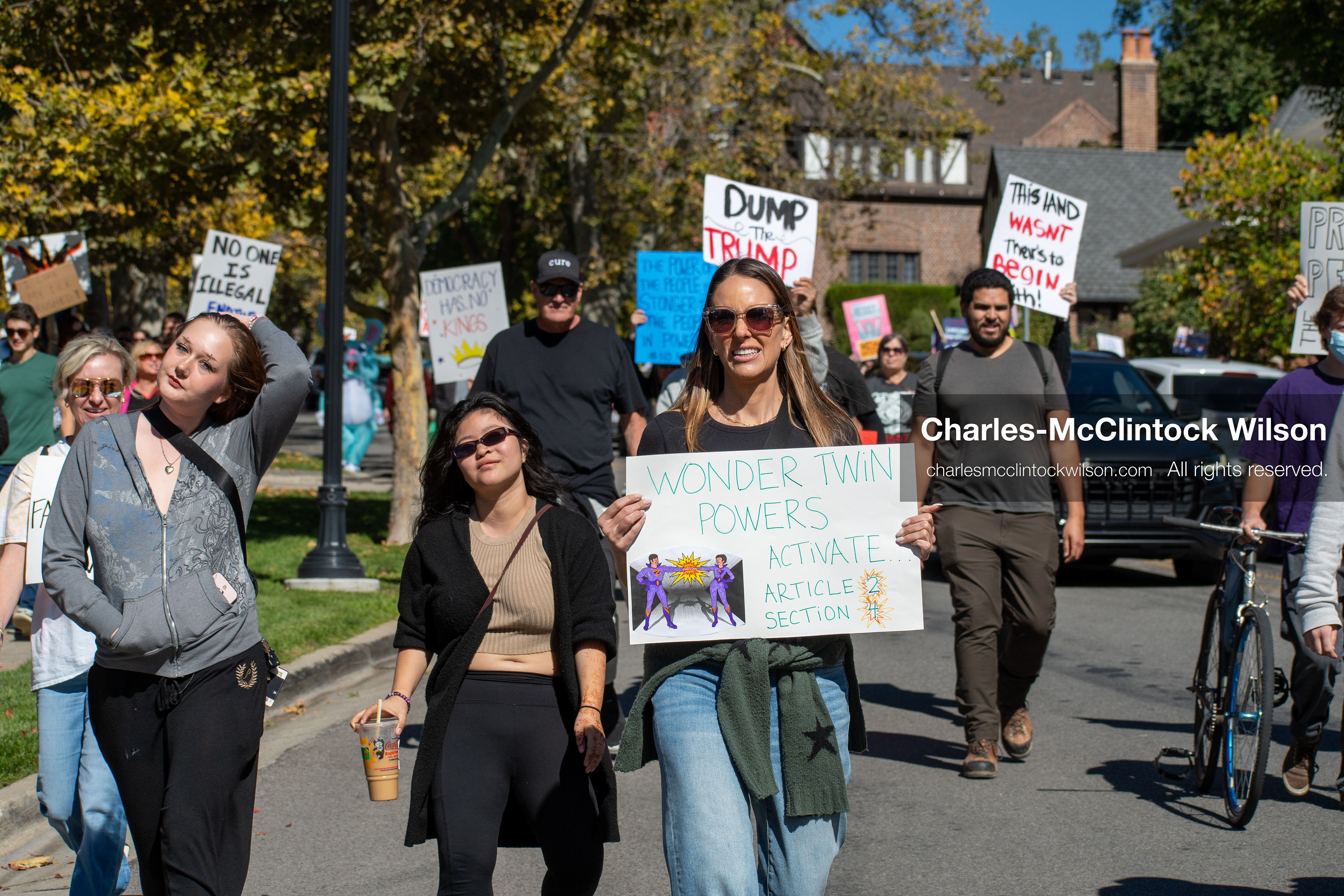 October 18, 2025, Salt Lake City, Utah, USA: Demonstrators march along South State Street during a "No Kings" protest in Salt Lake City, Utah. The protest was part of a nationwide mobilization.