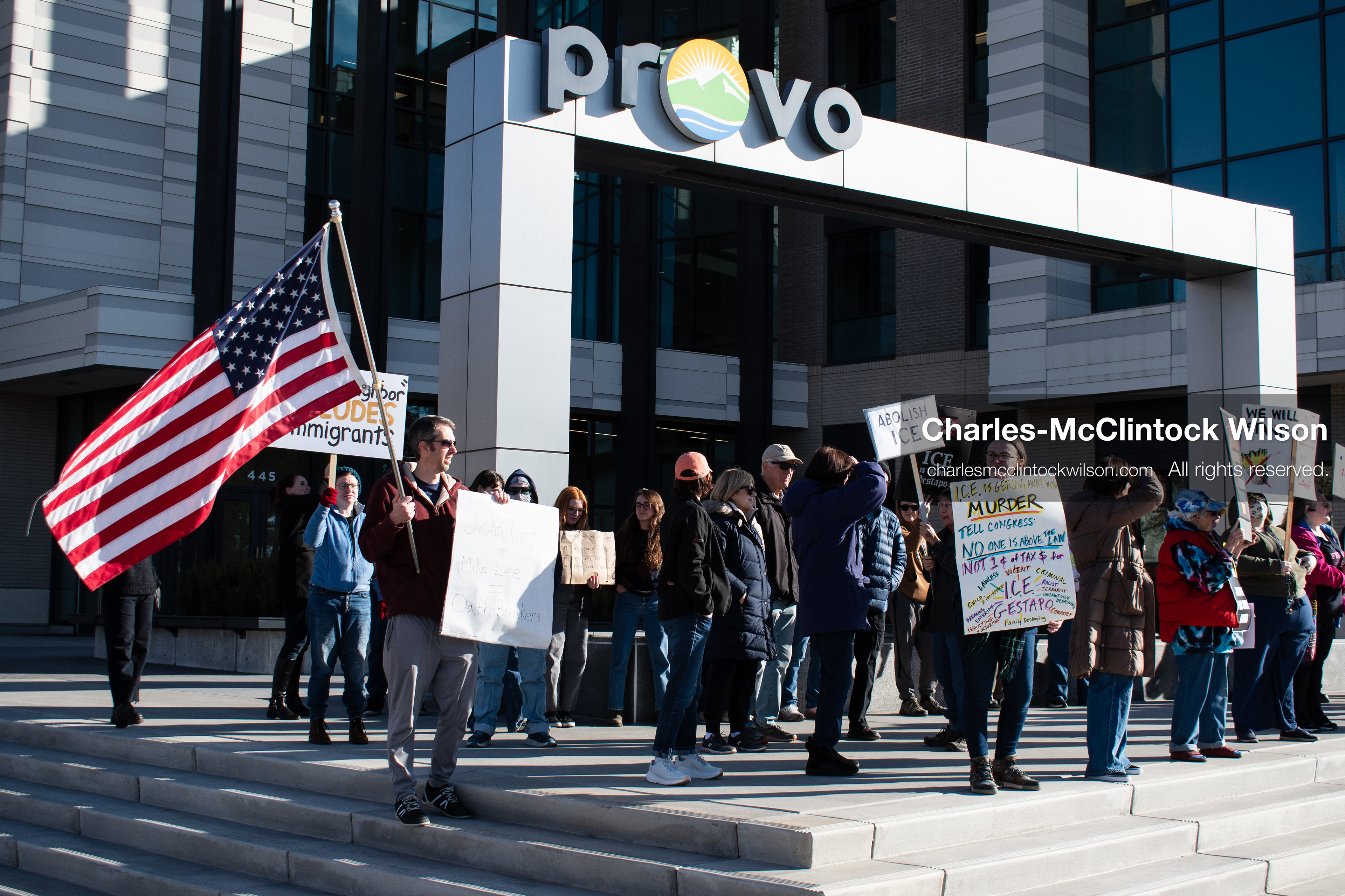 January 20, 2026, Provo, Utah, USA: Protesters gather outside Provo City Hall during the Free America Walkout protest in Provo, Utah, on January 20, 2026. Demonstrators held signs calling for justice, immigration reform, and an end to detention practices. (Credit Image: © Charles-McClintock Wilson/ZUMA Press Wire)