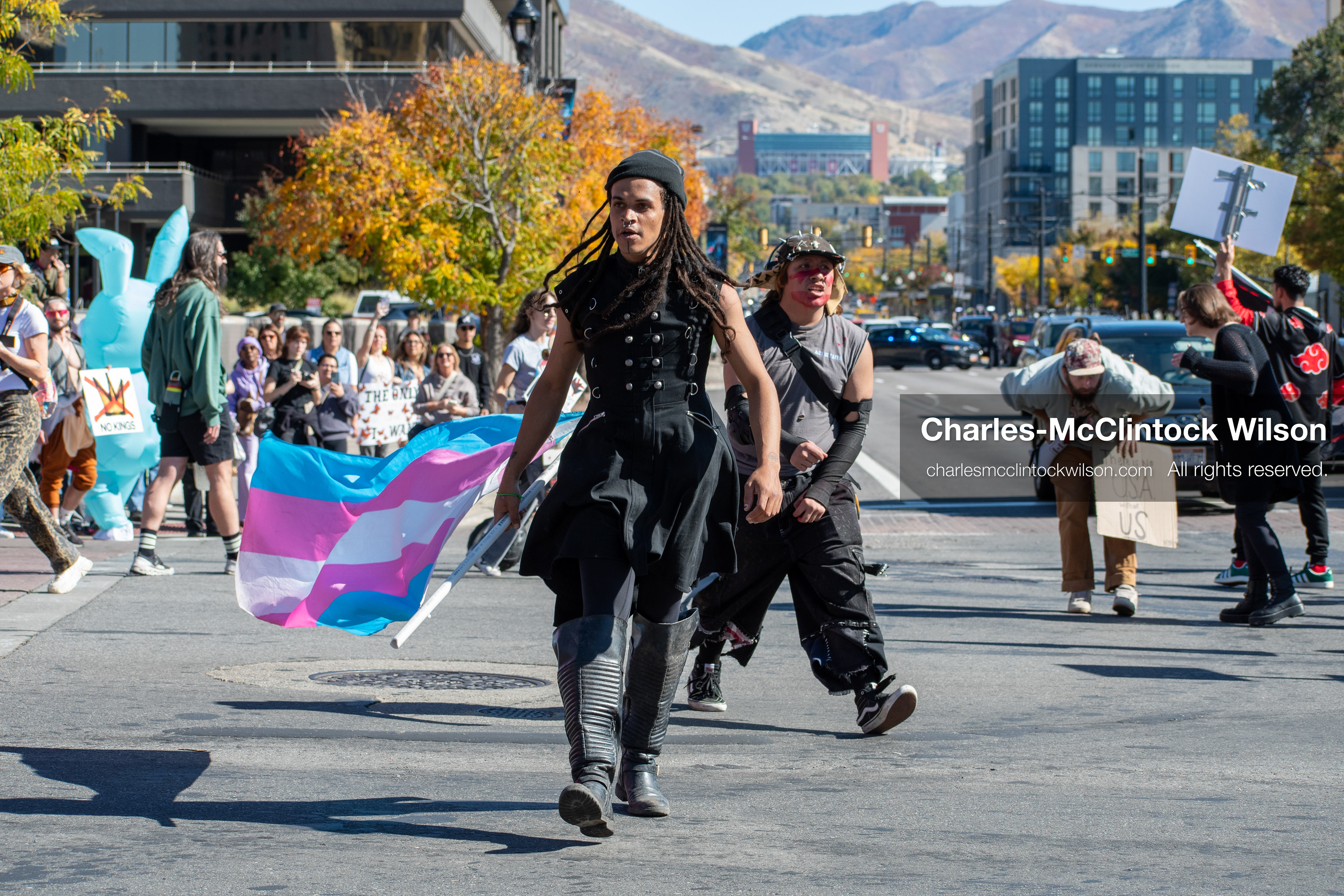October 18, 2025, Salt Lake City, Utah, USA: Demonstrators march along South State Street during a "No Kings" protest in Salt Lake City, Utah. The protest was part of a nationwide mobilization.