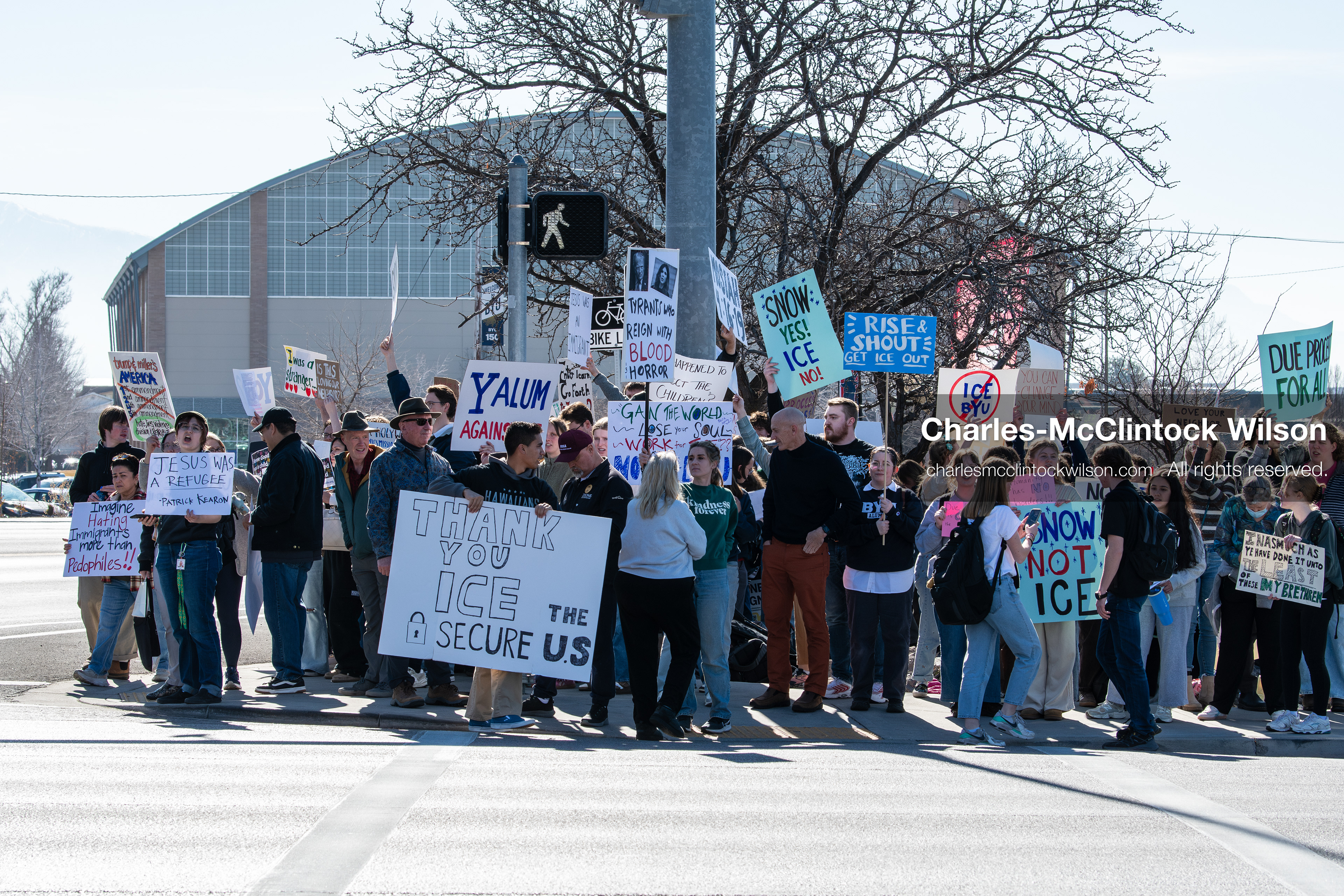 February 5, 2026, Provo, Utah, USA: Students and community members gather near Brigham Young University in Provo to demonstrate against the presence of US Customs and Border Protection recruiters at a career fair held on the BYU campus. (Credit Image: © Charles McClintock Wilson/ZUMA Press Wire)