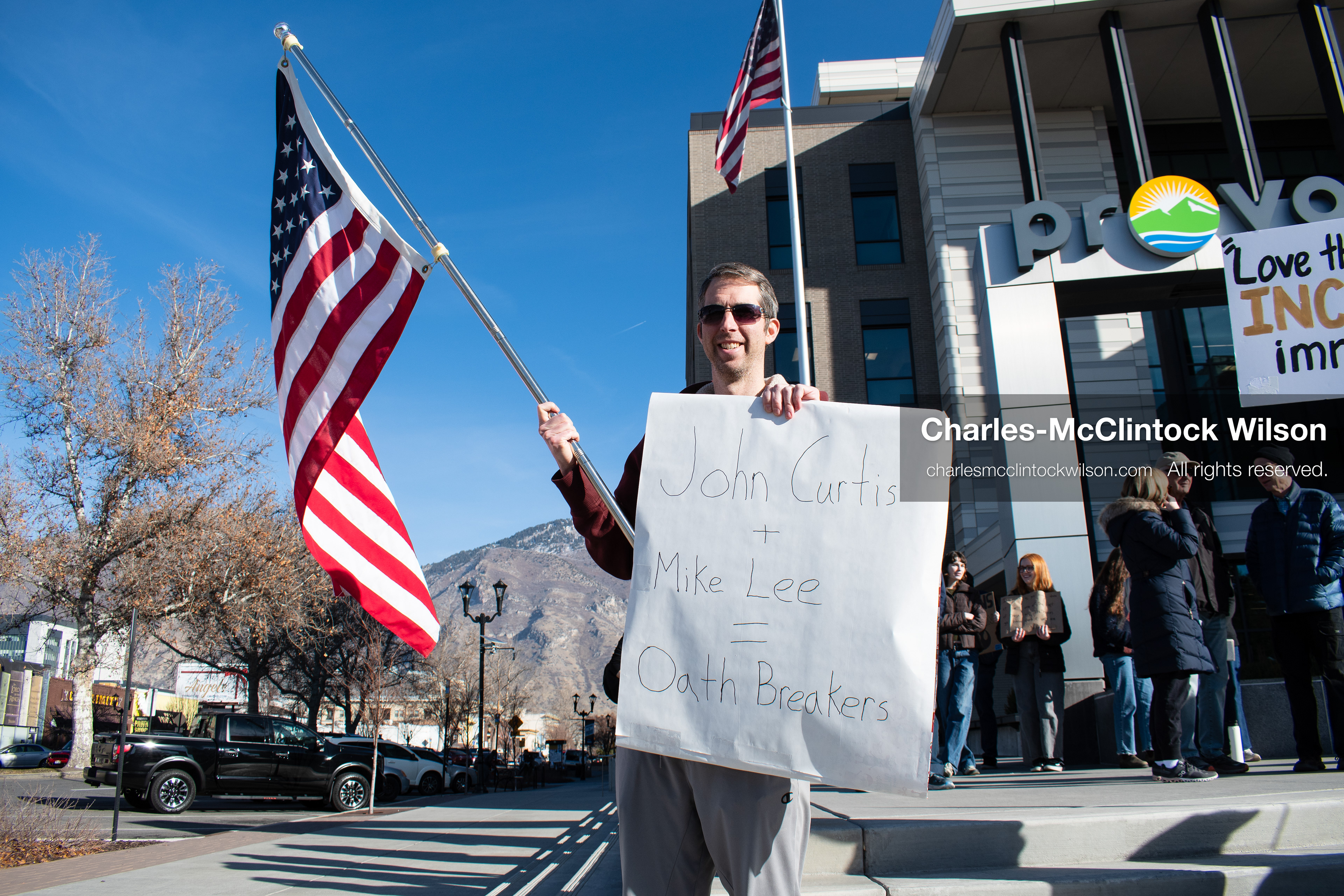 January 20, 2026, Provo, Utah, USA: Protesters gather outside Provo City Hall during the Free America Walkout protest in Provo, Utah, on January 20, 2026. Demonstrators held signs calling for justice, immigration reform, and an end to detention practices. (Credit Image: © Charles-McClintock Wilson/ZUMA Press Wire)