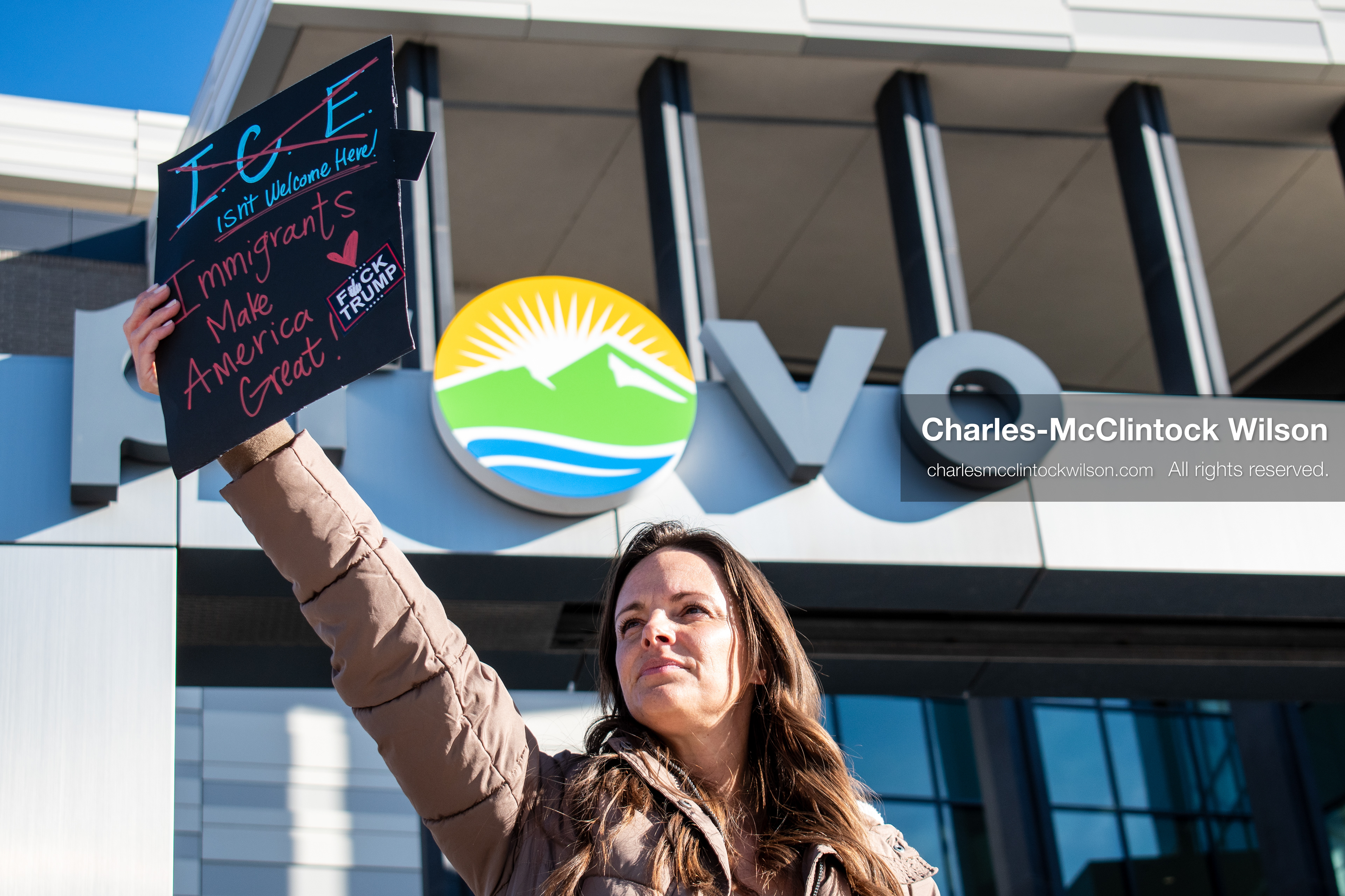  January 20, 2026, Provo, Utah, USA: A demonstrator stands outside Provo City Hall during the Free America Walkout protest in Provo Utah on January 20 2026. The nationwide event called for immigration reform and changes to detention practices.