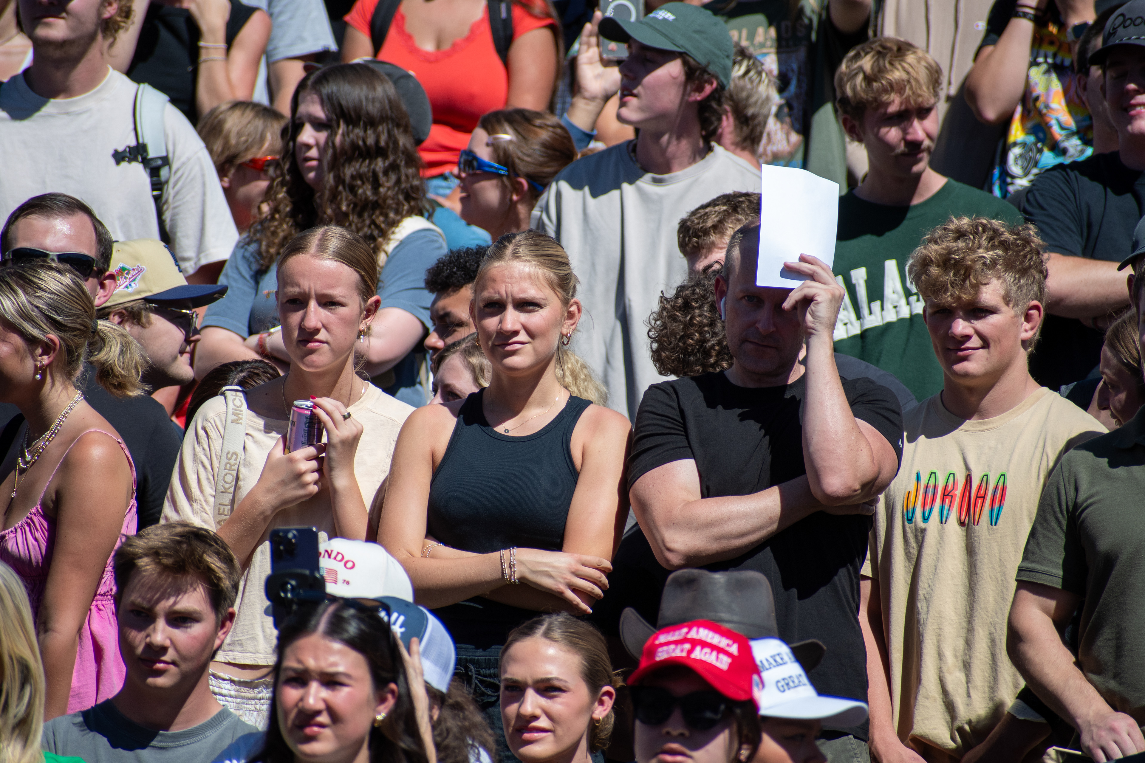 OREM, UTAH – SEPTEMBER 10, 2025: Attendees gather in close formation at Utah Valley University for the opening stop of the American Comeback Tour. The image captures a moment of shared anticipation and civic presence, reflecting the energy, emotion, and communal engagement that defined the event’s intended spirit. © Charles-McClintock Wilson / ZUMA Press