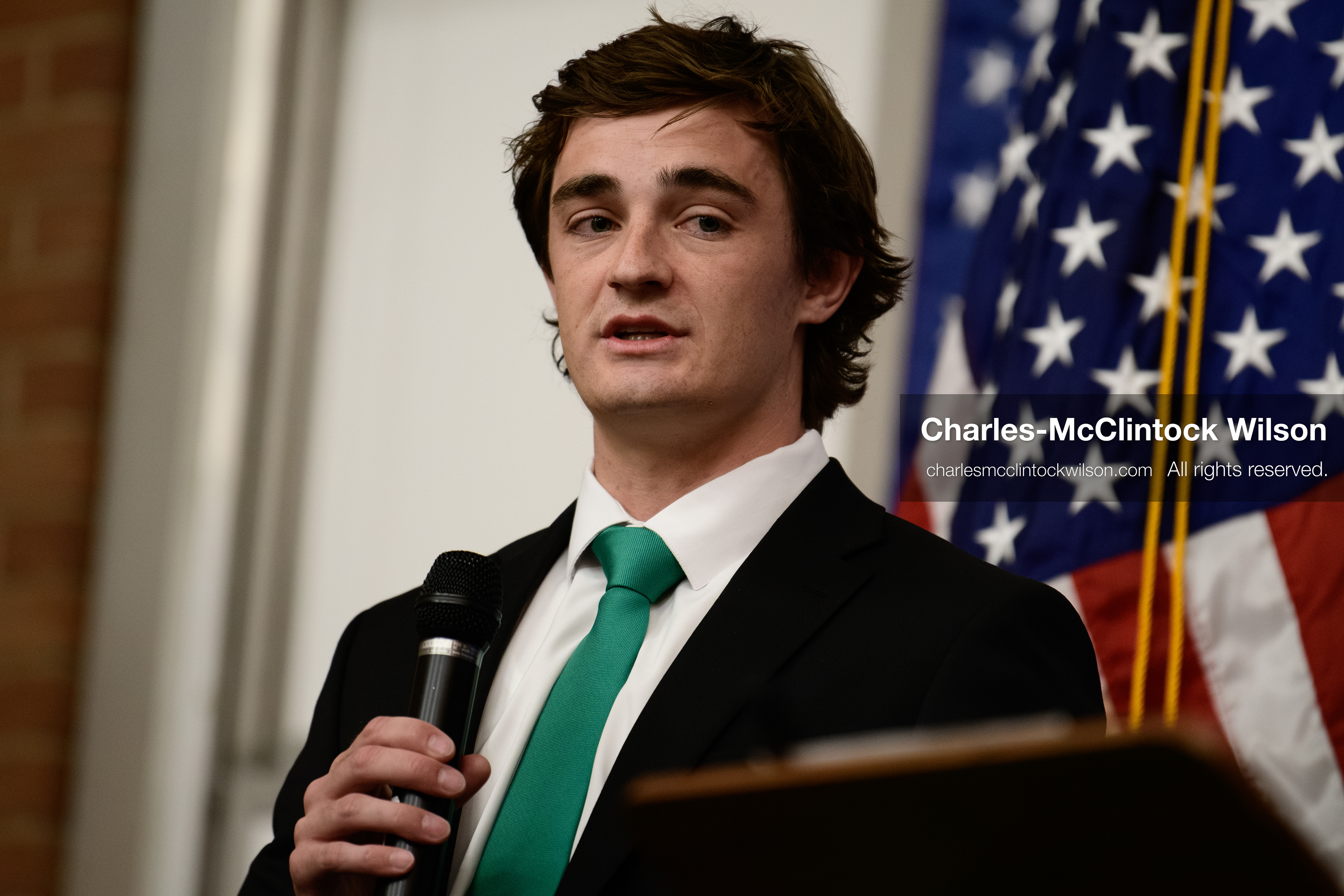 Salt Lake City, Utah, USA — US YouTuber Nick Shirley speaks during a “Learing Tour” event organized by the Utah Federation of College Republicans at the University of Utah, April 10, 2026. (Credit Image: © Charles-McClintock Wilson/ZUMA Press Wire)