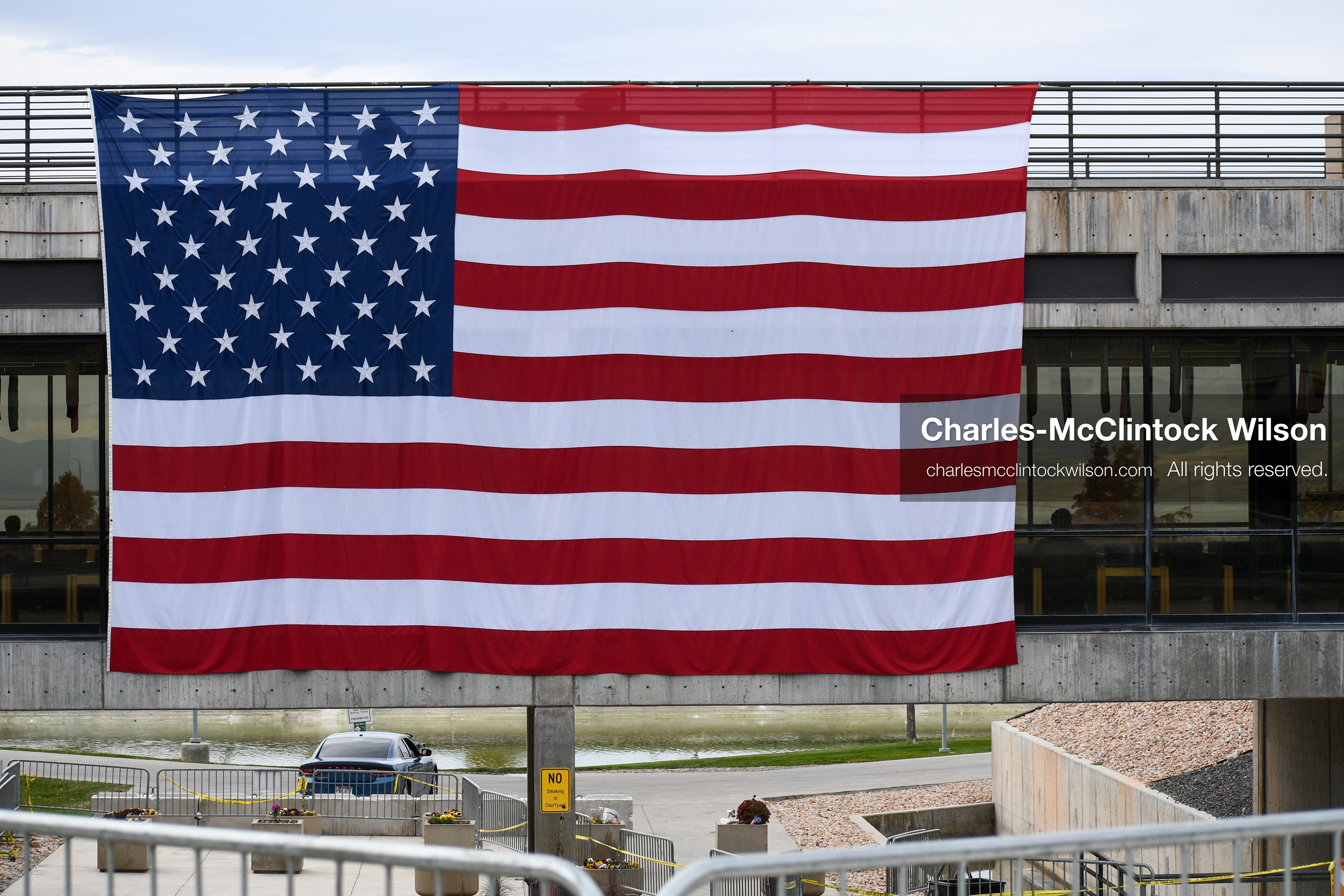 November 5, 2025, Orem, Utah, USA: A large American flag hangs over the site where conservative activist Charlie Kirk was shot and killed at Utah Valley University in Orem, Utah, on September 10, 2025, during a speaking event. (Credit Image: © Charles-McClintock Wilson/ZUMA Press Wire)
