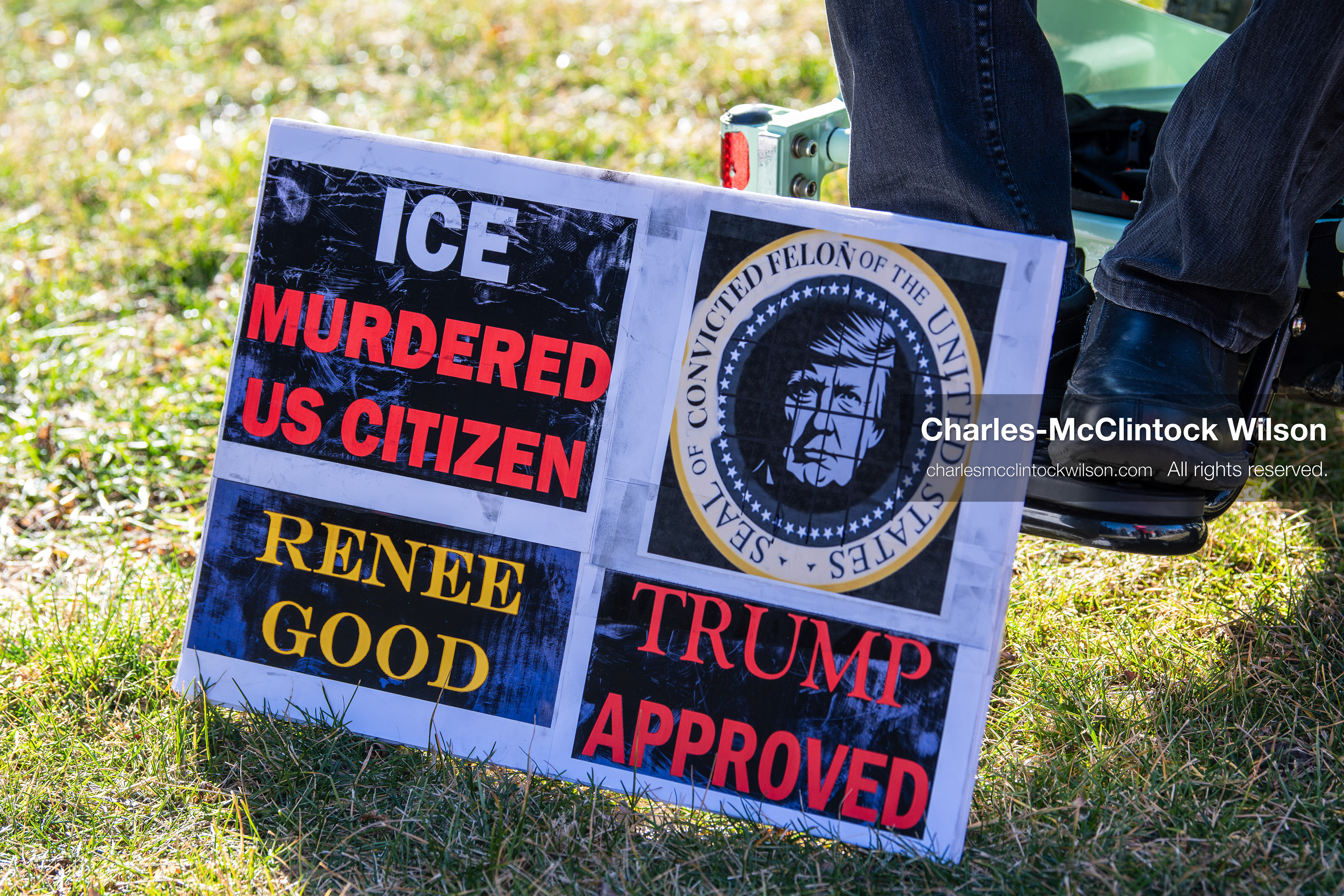 Salt Lake City, Utah, January 10, 2026: A protest sign placed on the grass during the ICE Out for Good protest at Washington Square Park calls for justice for Renee Nicole Good and criticizes ICE and U.S. President Donald Trump. (Credit Image: © Charles‑McClintock Wilson/ZUMA Press Wire)