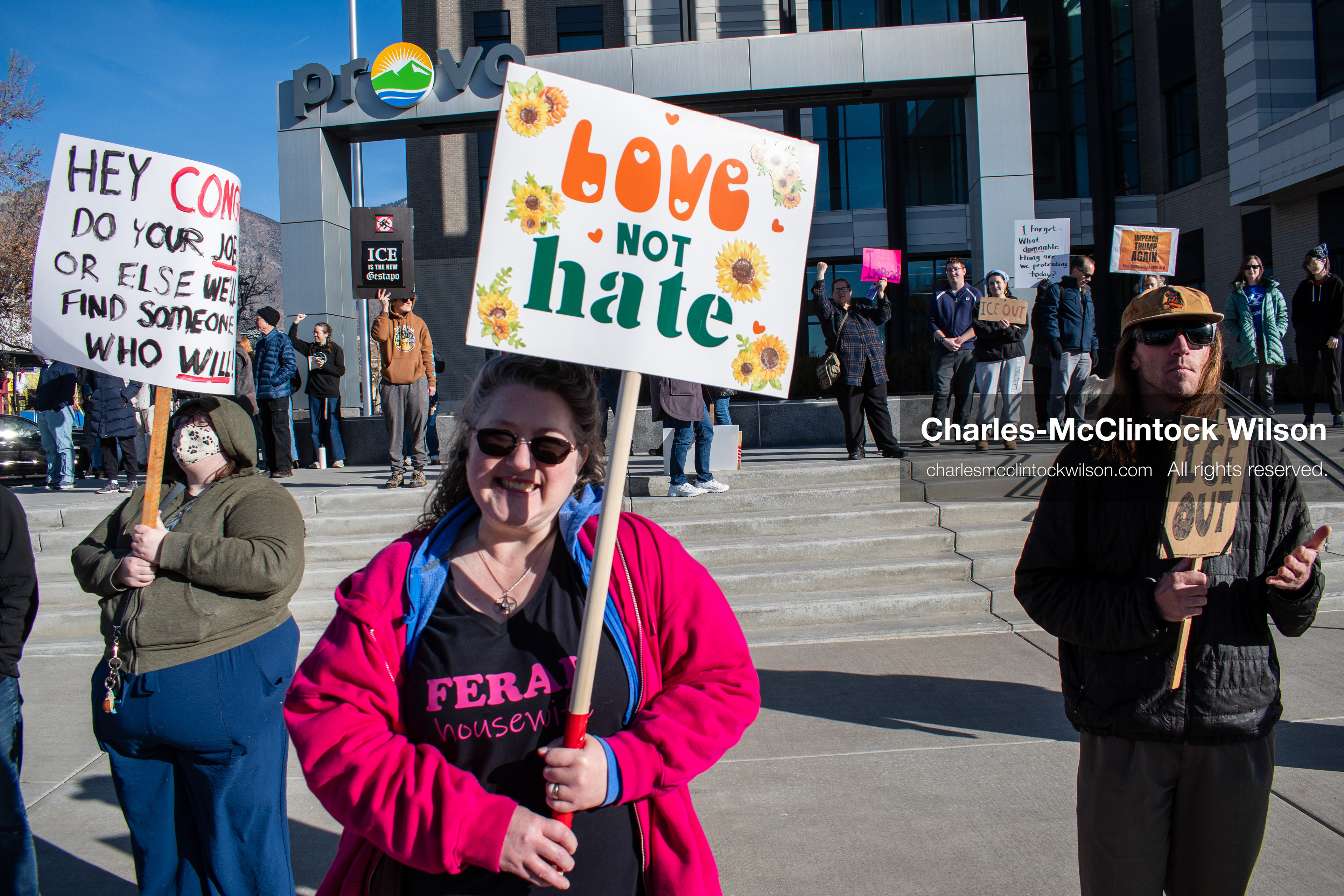 January 20, 2026, Provo, Utah, USA: Protesters gather outside Provo City Hall during the Free America Walkout protest in Provo, Utah, on January 20, 2026. Demonstrators held signs calling for justice, immigration reform, and an end to detention practices. (Credit Image: © Charles-McClintock Wilson/ZUMA Press Wire)